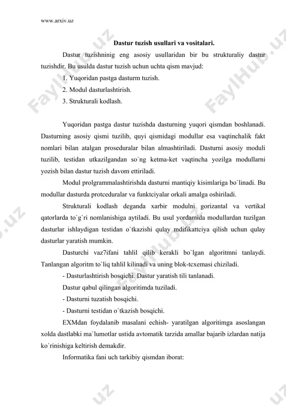 iqishdan iborat. ilmiy texnik masallarni exmdan foydalanib echish bosqichlari: 1. masalaning qo`yilishi va maqsadining aniqlanishi; 2. masalani matematik ifodalash; 3. masalani echish uslubini ishlab chiqish, sonliy usullarni tanlash; 4. masalani echish algoritimini ishlab chiqish; 5. ma`lumotlarni taerlash va tarkibini aniqlash (tanlash); 6. dasturlash; 7. dastur matnini va ma`lumotlarni axborot tashuvchiga o`tkazish; 8. dastur xatolarini tuzatish; 9. dasturni avtomatik tarzda exmda bojarilishi; 10. olingan natijalarni izohlash, tahlil qilish va dasturdan foydalanish uchun ko`rsatma yozish; "informatika" kursida 1-4 bosqichlar qisqa maonoda, xususiy xatolar, ko`p uchraydigan murakkab bo`lmagan malumotlar uchun tushutiriladi. bu bosqichlar tom maonoda to`laligicha mutaxassislikni egallash davomida maxsus kurslar vositasida o`rgatiladi. 8 va 9-bosqichlarni bajarishda mutaxassis (exmdan foydalanuvchi) exmdan foydalanadi. 7-bosqichda exmdan foydalanish ham, foydalanmaslik ham mumkin itmni exmda echish bosqichlarini aloxida ko`rib chiqamiz. 1-bosqich. masalaning qo`yilishi va maqsadni aniqlanishi. xalk xujaligining muayan soxasi (texnika, iktisod, lingivistika, ta`lim va x. k) buycha ishlayotgan malakaliy va etakchi mutaxassis tomonidan bajariladigan ish. masalani …