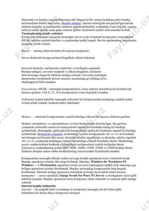 924-yil shoʻrolar oʻtkazgan milliy-davlat chegaralanishi arafasida turkiston assr 6 v. respublika (lot. respublica, res - ish va publicus - ijtimoiy, umumxalq) - davlat boshqaruvi shakli, unda bar cha davlat hokimiyati organlari saylab qoʻyiladi yoki umummilliy vakolatli muassasalar (parlamentlar) tomonidan shakllantiriladi, fuqarolar esa shaxsiy va siyosiy huquqlarga ega boʻladilar. bunday tarmoda bir nechta markazlashgan (ya'ni lokal tarmoqlarni birlashtiruvchi) juda quwatli serverlar mavjud bo'ladi va bunday serverlar o'rtasidagi axborot aloqa kabeli, optik tolali yoki sun'iy yo'ldosh radioaloqa kanallari yordamida uzatiladi. global tarmoq— dunyoning ixtiyoriy davlatidagi kompyuterlarni o'zida birlashtirish imkoniga ega bo'lgan tarmoq. bu tarmoq internet (internet) deb ham yuritiladi. internet bilan birga «intranet» tushunchasi ham ishlatiladi. intranet— bu internet texnologiyasi, dastur ta'minoti va bayonnomalari asosida tashkil etilgan, ma'lumotlar ombori va elektron jadvallar bilan jamoa bo'lib ishlash imkonini beruvchi korxona yoki tashkilot miqyosidagi yangi axborot muhitini tashkil etuvchi kompyuter tarmog'idir. intranet boshqa kompyuter tarmoqlaridan quyidagi jihati bilan farqlanadi: bir yoki bir nechta serverdan …