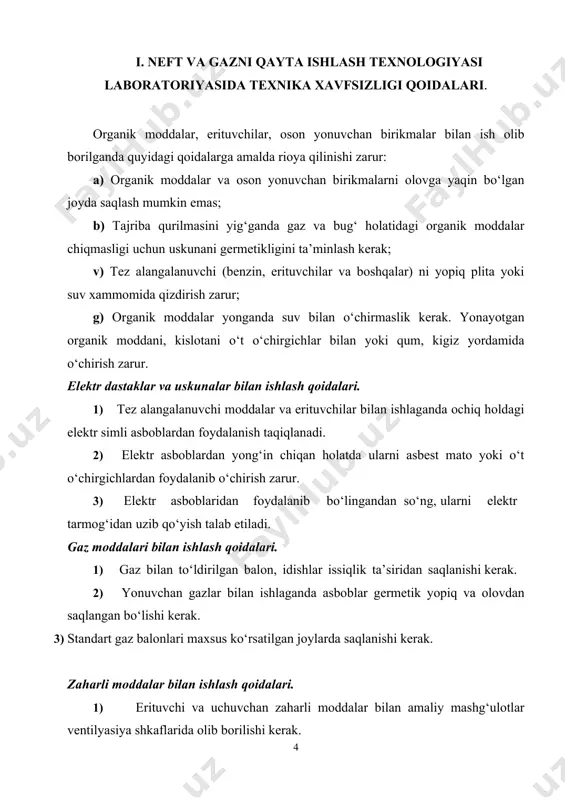 %+35%) 7 dan 120c gacha .aseton +toluol (35%+65%) 10 dan 120c gacha metiletilketon+toluol (60% + 40% ) 8 dan 100c gacha erituvchining xom-ashyoga nisbatini miqdori xom-ashyoning qovushqoqligiga va qaysi temperaturagacha sovutilishiga bog‘liq. distillyat fraksiyalaridan olingan quyi qovushqoqli rafinatlar eritmasini - 600c gacha sovutib, filtrlash uchun erituvchi miqdorini rafinatga nisbatan 4-5: i; deparafinlashni - 30 dan – 400c gacha olib borilsa, erituvchi miqdori rafinatga nisbatan 2,5-3,5: i deb olinadi. qoldiq fraksiyalardan olingan rafinatlarni deparafinlashda erituvchini miqdori 4-5: i nisbatida olinadi. ishlatiladigan qurilma, uskuna va foydalaniladigan tajriba ashyolari atmosfera bosimida ishlovchi trubkali pech. rektifikatsiya kalonnasi. benzin, kerosin, dizel yoqilg‘isi, fenol. ishdan maqsad neft mahsuloti bo‘lgan rafinatni erituvchida eritib uning tarkibidagi qattiq uglevodorodlarni ajratib olish. tarkibida qattiq uglevodorodlari ko‘p bo‘lgan rafinat va boshqa mahsulotlarni deparafinlash uchun laboratoriya tajriba qurilmasi. deparafinlash qurilmasi quyidagi qismlardan iborat: bir yoki ikki litr hajmdagi tagi tekis yoki dumaloq shisha kolba; qaytaruvchi sovutgich (obratnыy xolodilnik); kolba ichidagi mahsulotni aralashtiruvchi …