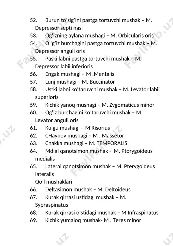 osus 109. yarim pardali mushak m. semimembranosus 110. taroqsimon mushak – m. picteneus 111. nozik mushak –m. gracilis 112. uzun yaqinlashtiruvchi mushak – m .adductor longus 113. kalta yaqinlashtiruvchi mushak – m. adductor brvis 114. katta yaqinlashtiruvchi mushak – m. adductor magnus oyoq panjasi mushaklari 115. barmoqlarni yozuvchi kalta mushak – m. extensor digitorim brevis 116. bosh barmoqni yozuvchi kalta mushak – m. extensor hallicis brevis anatomiya fani o’qituvchisi to’lqinjonov azamat boqijonovich