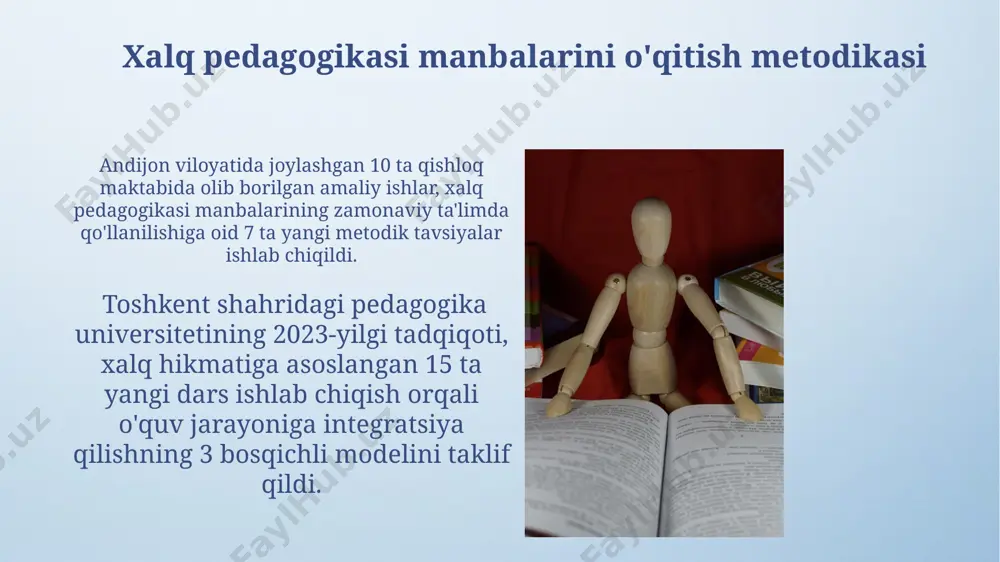 oʻllash oʻquvchilarning bilim olishga boʻlgan qiziqishini 15% ga oshirganini koʻrsatdi. xalq pedagogikasi manbalarini tahlil qilish metodlari xalq pedagogikasi manbalarini tahlil qilishda, 50 dan ortiq qo'lyozma va 100 dan ziyod bosma nashrlar samarqand viloyati arxivlaridan olingan ma'lumotlarga tayanib o'rganildi. kontent-tahlil va miyoriy tahlil usullari bilan birga, andijon viloyatining 3 ta turli hududida to'plangan og'zaki an'analarni solishtirma tahlil qilish qo'llanildi. e'tiboringiz uchun rahmat @taqdimot_robot image4.png image5.jpg image6.jpg image7.jpg image8.jpg image9.jpg image10.jpg image11.jpg image12.jpg image13.jpg image3.jpeg