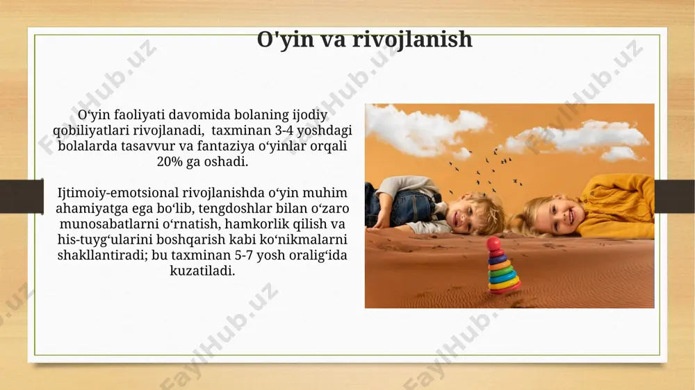 d printerlardan foydalanish orqali yaratilgan oʻyinchoqlar va oʻyinlar soni soʻnggi 5 yilda 15% ga oshgan. zamonaviy dunyoda bolalar oʻyinlarining 70% dan ortigʻi ekranli qurilmalar bilan bogʻliq boʻlib, bu ijtimoiy munosabatlar va jismoniy faollikka salbiy taʼsir koʻrsatishi mumkin. turli yoshdagi bolalarda o'yin maktabgacha yoshdagi bolalarning o'yinlarida, ayniqsa 4-5 yoshda, rolning o'zgarishi, ya'ni bir vaqtning o'zida bir nechta obrazlarni ijro etishlari kuzatiladi, bu tafakkurning tez rivojlanishini ko'rsatadi. 7 yoshdan oshgan bolalarda qoidaga asoslangan, strategik o'yinlar (masalan, shaxmat, domino) ustunlik qila boshlaydi, bu esa mantiqiy fikrlash va rejalashtirish qobiliyatlarining shakllanishini bildiradi. o'yin va ta'lim oʻyin orqali bolalar ijtimoiy ko'nikmalarni, masalan, hamkorlik, muloqot va muammo yechishni rivojlantirib, 5-7 yoshgacha boʻlgan davrda 30% ga yaqin ta'sir ko'rsatadi. oʻyin jarayonida bolaning kognitiv rivojlanishiga 20% ga yaqin hissa qoʻshilishi ilmiy tadqiqotlar bilan tasdiqlangan boʻlib, bu aqliy faoliyatning muhim qismidir. e'tiboringiz uchun rahmat @taqdimot_robot image7.jpg image8.jpg image9.jpg image10.jpg image11.jpg image12.jpg image13.jpg image14.jpg image15.jpg image16.jpg image17.jpg image18.jpg image3.png image4.png