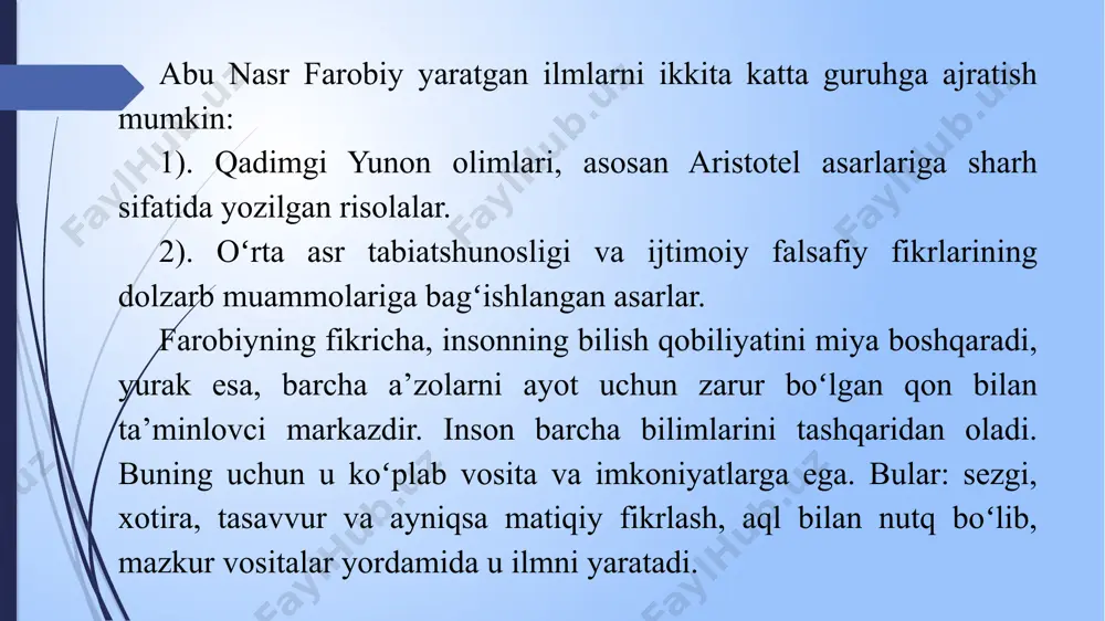 ilgan yogʻoch moslama yordamida tuzatgan. bu usulni 15-asrda fransuz tabibi kalo qayta kashf etgan. suyaklarni gipslash usuli ham ibn sino tomonidan keng qoʻllangan, lekin u ham keyinchalik unutilib, yevropalik tabiblar tomonidan 1852 yilda amaliyotga yangi ixtiro sifatida qaytarilgan. hozir koʻz jarrohligida qoʻllanayotgan usullarning qariyb barchasi ibn sinoga ma’lum boʻlgan. ibn sino birinchi boʻlib psixik funktsiyalar miyadagi ma’lum markazlar faoliyatiga bogʻliq degan fikrni ilgari surdi va uni isbotlashga urindi. ibn sino “tib qonunlari” asarining 3–kitobida tafakkurga yetkaziladigan zararli ta’sirlar, uning natijasida kelib chiqadigan kasalliklar xususida keng toʻxtalib oʻtadi. u tafakkurning zararlanishiga miya shishlari sabab boʻladi, deb hisoblaydi. allomaning bu ta’limotlari hozirgi kunda bolalarning imkoniyati cheklanganlik sabablari, uning oldini olish va davolashh, korrektsiyalash yoʻllari, yechimlarini topishda katta ahamiyat kasb etmoqda. uning inson temperamentining psixologik asoslari haqidagi mulohazalari qiziqarli boʻlib, u insonning ruhiy holati, koʻp kasalliklarning keltirib chiqaruvchi sabablarini uning temperamenti bilan bogʻlaydi. olim insonning ruhiy faoliyatini uning moddiy ildizlari va buzilishhining sabablarini …