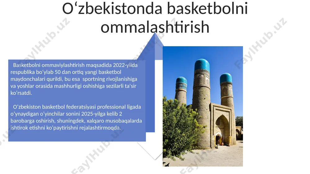 kasini sezilarli darajada oʻzgartirdi. basketbol 1936-yil berlinda boʻlib oʻtgan yozgi olimpiya oʻyinlariga rasman kiritilgan boʻlib, unda 21 ta milliy terma jamoa ishtirok etdi va aqsh oltin medalni qoʻlga kiritdi. basketbolni rivojlantirish strategiyasi basketbolni rivojlantirish strategiyasi 2025-yilgacha 5 yoshdan 18 yoshgacha bo'lgan 100 000 dan ortiq yosh basketbolchilarni jalb qilishni, toshkent, samarqand va buxoro shaharlarida yangi zamonaviy sport majmualarini qurishni o'z ichiga oladi. o'zbekiston basketboli taraqqiyoti uchun 2026 yilgacha milliy terma jamoaning fiba reytingida 50 pog'onaga ko'tarilishini maqsad qilib qo'yilgan va buning uchun 3 million aqsh dollari miqdorida investitsiyalar jalb qilinmoqda. oʻzbekistonda basketbol infratuzilmasi respublikaning turli hududlarida, xususan, qoraqalpogʻiston va fargʻona vodiysi kabi mintaqalarda, 300 dan ortiq ochiq va yopiq basketbol maydonchalari qurilib, basketbol infratuzilmasini yanada rivojlantirishga xizmat qilmoqda. oʻzbekistonning yirik shaharlari, jumladan toshkent, samarqand va andijonda 5000 dan ortiq tomoshabin sigʻimi boʻlgan zamonaviy basketbol zallari qurilmoqda, bu esa sportning rivojlanishiga katta hissa qoʻshadi. basketbolning dastlabki qoidalari va oʻyin uslubi o'yinning …