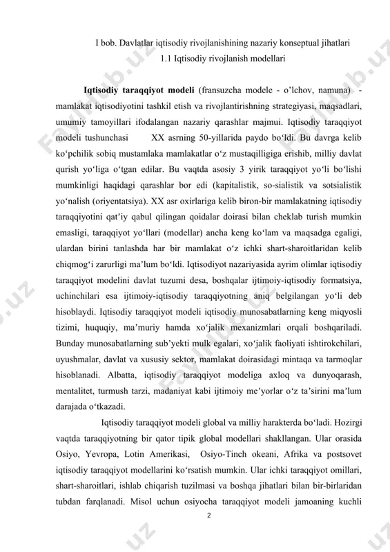 ib biron-bir mamlakatning iqtisodiy taraqqiyotini qatʼiy qabul qilingan qoidalar doirasi bilan cheklab turish mumkin emasligi, taraqqiyot yoʻllari (modellar) ancha keng koʻlam va maqsadga egaligi, ulardan birini tanlashda har bir mamlakat oʻz ichki shart-sharoitlaridan kelib chiqmogʻi zarurligi maʼlum boʻldi. iqtisodiyot nazariyasida ayrim olimlar iqtisodiy taraqqiyot modelini davlat tuzumi desa, boshqalar ijtimoiy-iqtisodiy formatsiya, uchinchilari esa ijtimoiy-iqtisodiy taraqqiyotning aniq belgilangan yoʻli deb hisoblaydi. iqtisodiy taraqqiyot modeli iqtisodiy munosabatlarning keng miqyosli tizimi, huquqiy, maʼmuriy hamda xoʻjalik mexanizmlari orqali boshqariladi. bunday munosabatlarning subʼyekti mulk egalari, xoʻjalik faoliyati ishtirokchilari, uyushmalar, davlat va xususiy sektor, mamlakat doirasidagi mintaqa va tarmoqlar hisoblanadi. albatta, iqtisodiy taraqqiyot modeliga axloq va dunyoqarash, mentalitet, turmush tarzi, madaniyat kabi ijtimoiy meʼyorlar oʻz taʼsirini maʼlum darajada oʻtkazadi. iqtisodiy taraqqiyot modeli global va milliy harakterda boʻladi. hozirgi vaqtda taraqqiyotning bir qator tipik global modellari shakllangan. ular orasida osiyo, yevropa, lotin amerikasi, osiyo-tinch okeani, afrika va postsovet iqtisodiy taraqqiyot modellarini koʻrsatish mumkin. ular ichki taraqqiyot omillari, …