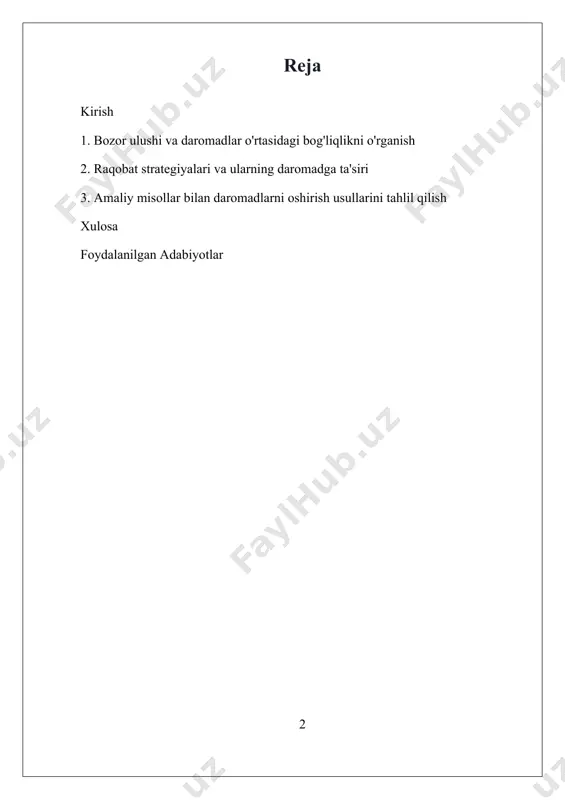 rlar strategik qarorlar qabul qilish uchun muhim bo’lib, ularning natijasida kompaniyalar o’z raqobatbardoshligini oshiradi. bu jarayonda, bozor ulushi va daromadlar o’rtasidagi bog’liqlik, raqobat strategiyalari va ularning daromadga ta’siri muhim o’rin tutadi. shu bilan birga, so’nggi yillarda texnologik rivojlanish va global iqtisodiy o’zgarishlar bilan bog’liq muammolar ham yuzaga kelmoqda. raqobatning haddan tashqari kuchayishi, narx urushlari va monopoliyaga qarshi kurashda yuzaga keladigan muammolar, kompaniyalar uchun yangi imkoniyatlar bilan birga, muhim to’siqlarga ham aylanishi mumkin. bu muammolarni hal qilish va raqobat muhitini yaxshilash uchun innovatsion yondashuvlar va strategiyalar ishlab chiqish zarur. ushbu mavzu nafaqat nazariy jihatdan muhim, balki amaliyotda ham keng qo’llaniladi. raqobatli bozor sharoitida muvaffaqiyatga erishish uchun kompaniyalar o’z strategiyalarini doimiy ravishda yangilab borishlari, bozor sharoitlarini yaxshi tushunishlari va innovatsiyalarni joriy etishlari zarur. bu esa, o’z navbatida, mamlakat iqtisodiyotining barqarorligini ta’minlashga va umumiy rivojlanishga hissa qo’shadi. shu nuqtai nazardan, ushbu tadqiqotda bozor ulushi va daromadlar o’rtasidagi bog’liqlikni o’rganish, raqobat strategiyalarining daromadga ta’sirini …