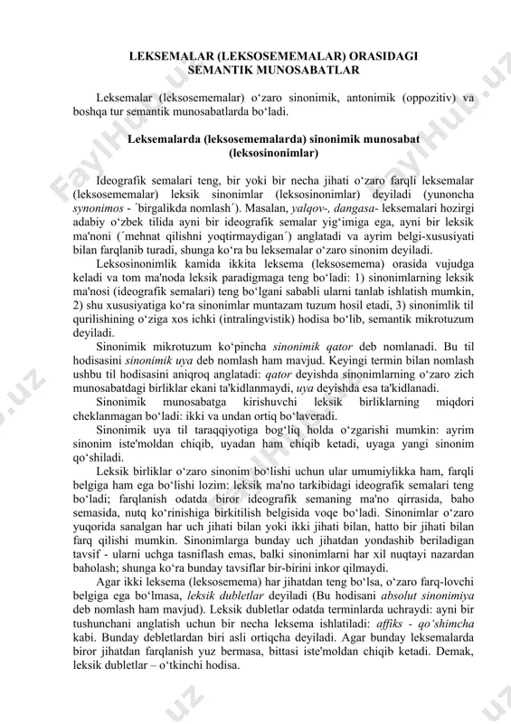 l taraqqiyotiga bog‘liq holda o‘zgarishi mumkin: ayrim sinonim iste'moldan chiqib, uyadan ham chiqib ketadi, uyaga yangi sinonim qo‘shiladi. leksik birliklar o‘zaro sinonim bo‘lishi uchun ular umumiylikka ham, farqli belgiga ham ega bo‘lishi lozim: leksik ma'no tarkibidagi ideografik semalari teng bo‘ladi; farqlanish odatda biror ideografik semaning ma'no qirrasida, baho semasida, nutq ko‘rinishiga birkitilish belgisida voqe bo‘ladi. sinonimlar o‘zaro yuqorida sanalgan har uch jihati bilan yoki ikki jihati bilan, hatto bir jihati bilan farq qilishi mumkin. sinonimlarga bunday uch jihatdan yondashib beriladigan tavsif - ularni uchga tasniflash emas, balki sinonimlarni har xil nuqtayi nazardan baholash; shunga ko‘ra bunday tavsiflar bir-birini inkor qilmaydi. agar ikki leksema (leksosemema) har jihatdan teng bo‘lsa, o‘zaro farq-lovchi belgiga ega bo‘lmasa, leksik dubletlar deyiladi (bu hodisani absolut sinonimiya deb nomlash ham mavjud). leksik dubletlar odatda terminlarda uchraydi: ayni bir tushunchani anglatish uchun bir necha leksema ishlatiladi: affiks - qo‘shimcha kabi. bunday debletlardan biri asli ortiqcha deyiladi. agar bunday …