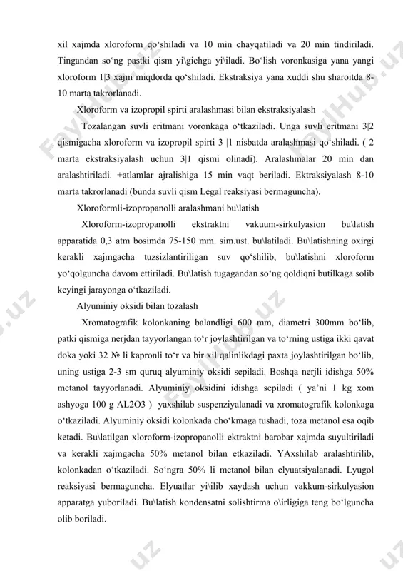 mda suyultiriladi va kerakli xajmgacha 50% metanol bilan etkaziladi. yaxshilab aralashtirilib, kolonkadan o‘tkaziladi. so‘ngra 50% li metanol bilan elyuatsiyalanadi. lyugol reaksiyasi bermaguncha. elyuatlar yi\ilib xaydash uchun vakkum-sirkulyasion apparatga yuboriladi. bu\latish kondensatni solishtirma o\irligiga teng bo‘lguncha olib boriladi. texnik abitsin olish suvli kub qoldiqni vakuum yordamida shisha reaktorga o‘tkaziladi va etil atsetat bilan 10 min aralashtirilib ekstraksiya qilinadi. so‘ng qatlamlar xosil bo‘lish uchun 20 min tindiriladi. pastki suvli qism yuqorigi etilatsetat qismidan ajratiladi va suvli qismiga yana etilatsetat yangi porsiyasi solinib, bu jarayon 3 marta takrorlanadi. yi\ib olingan etilatsetat vakuum-sirkulyasion apparatda bu\latiladi. kub qoldiqni konussimon kolbaga solib, shu bor xajmiga teng disstillangan suv qo‘shiladi va yaxshilab aralashtirilib va 10 kunga xona xaroratida abitsinni kristallash uchun qoldiriladi. 3q4 chi kunlarida kolbani 5 s sovuqqa qo‘yiladi, vaqt o‘tgandan so‘ng abitsinni shisha filtrda filtrlanadi. cho‘kma 5 s sovutilgan sovuq suv bilan yuviladi, kristallizatordan o‘tkaziladi va vakuum quritgichda 50-60 s da 3-4 soat quritiladi. chiqish …
