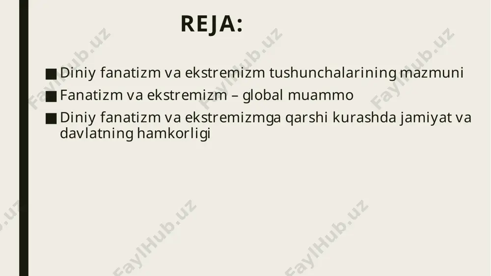 i. 🔹 ekstremizm – bu zo‘ravonlikka asoslangan radikal qarash ekstremizm – bu radikal g‘oyalarni zo‘ravonlik, terrorchilik, qo‘poruvchilik yoki kuch bilan amalga oshirishga qaratilgan faoliyatdir. ayniqsa, diniy ekstremizm bugun eng xavfli shakllardan biridir 🌍 bu muammo nimaga "global" deyilyapti? hudud tanlamaydi – ekstremizm barcha qit’alarda uchramoqda. internet orqali tez tarqaladi – ijtimoiy tarmoqlar orqali ekstremistik g‘oyalar yosh ongiga singdiriladi. ko‘plab mamlakatlarda terrorchilik tahdidi mavjud – bu esa xalqaro xavfsizlikni zaiflashtiradi. inson huquqlarini buzadi – begunoh insonlar hayotiga zomin bo‘ladi, diniy erkinliklar cheklanadi. 🔹 jamiyatning roli: oila va mahalla: bolalarga diniy va dunyoviy bilimni to‘g‘ri yetkazish. yoshlarda vatanparvarlik, bag‘rikenglik, sabr-toqat kabi qadriyatlarni shakllantirish. masjid va diniy tashkilotlar: to‘g‘ri aqidani targ‘ib qilish, noto‘g‘ri yo‘ldagi yoshlarni tushunishga, ularni to‘g‘ri yo‘lga boshlashga harakat qilish. 🔹 davlatning roli: huquqiy asoslarni yaratish: diniy ekstremizmga qarshi qonunlar, qarorlar va tartiblar ishlab chiqiladi masalan, o‘zbekiston respublikasi "diniy erkinliklar to‘g‘risida"gi qonuni, ekstremizmga qarshi kurash qonunchiligi. huquq-tartibot organlari faoliyati: ekstremistik materiallar …