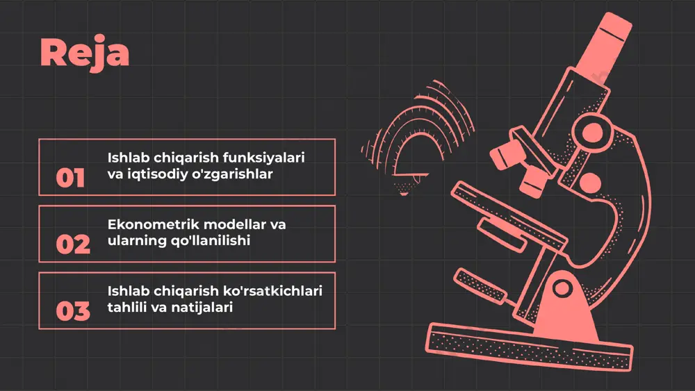 radi. ishlab chiqarish funksiyalarining asosiy turlari: 1. qonuniy ishlab chiqarish funksiyalari; 2. mahsulot ishlab chiqarish funksiyalari; 3. texnologik ishlab chiqarish funksiyalari. har bir tur o'ziga xos xususiyatlariga ega bo'lib, iqtisodiy jarayonlarni tavsiflaydi. tahlil qilish usullari: 1. matematik modellar; 2. statistika tahlili; 3. ekonometrik modellar. ushbu usullar yordamida ishlab chiqarish jarayonlaridagi samaradorlikni oshirish va qaror qabul qilishda yordam beruvchi muhim ma'lumotlar olinadi. iqtisodiy o'zgarishlar va ishlab chiqarish iqtisodiy o'zgarishlar ishlab chiqarish jarayonlariga sezilarli ta'sir ko'rsatadi. ular ishlab chiqarish xarajatlari, mahsulot sifatini va bozor talabini o'zgartirishi mumkin. shu sababli, iqtisodiy o'zgarishlarni hisobga olish zarur. iqtisodiy o'zgarishlarni bashorat qilish uchun turli usullar mavjud. statistik tahlil, vaqt qatorlari modeli va regressiya tahlili kabi metodlar ishlab chiqarishda foydali bo'lishi mumkin. ishlab chiqarish jarayonlarida o'zgarishlarni boshqarish uchun strategiyalarni tanlash muhimdir. to'g'ri qarorlar qabul qilish, resurslarni samarali taqsimlash va moslashuvchanlikni ta'minlash zarur. ekonometrik modellar kirish ekonometrik modellar iqtisodiy o'zgarishlar va munosabatlarni tahlil qilish uchun ishlatiladigan statistik usullardir. …