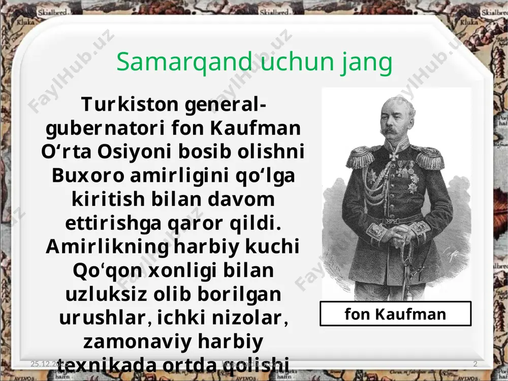 08.2020 http://aida.ucoz.ru 8 general abramov rossiya imperiyasining harbiy yurishlariga qarshi kitob hokimi jo‘rabek va shahrisabz hokimi bobobek boshchiligida samarqandda kurash olib borildi 20.08.2020 http://aida.ucoz.ru 9 bobobek shahrisabz hokimi jo‘rabek kitob hokimi buxoro amirligining rossiya protektoratiga aylantirilishi 20.08.2020 http://aida.ucoz.ru 10 podsho hukumati tomonidan yangi bosib olingan hududlarda samarqand va kattaqo‘rg‘on bo‘limlaridan iborat zarafshon okrugi tuzildi. unga general abramov boshliq qilib tayinlandi. 20.08.2020 http://aida.ucoz.ru 11 fon kaufman 1868-yil 23-iyunda samarqandda amir muzafar bi­lan buxoro amirligini rossiya imperiyasining protektoratiga aylantirgan shartnomani imzoladi. 20.08.2020 http://aida.ucoz.ru 12 rossiya imperiyasining o‘rta osiyodagi istilochilik urushining ikkinchi bosqichi samarqandning egallanishi va buxoro amirligining rossiya imperiyasi protektoratiga aylanishi bilan yakunlandi. 20.08.2020 http://aida.ucoz.ru 13 1873 yildagi shartnoma 20.08.2020 http://aida.ucoz.ru 14 buxoro bilan rossiya imperiyasi 1873-yilda amirlikka o‘z vakilini tayinlash huquqini beruvchi yangi shartnomani imzoladi. 1885-1887-yillardagi muzokaralar natijasida chegaralarni belgilash bo‘yicha ingliz-rus komissiyasi rossiya imperiyasi ning o‘rta osiyodagi buxoro amirligi yerlari bilan afg‘oniston o‘rtasidagi chegara chizig‘ini belgilashni nihoyasiga yetkazdi. 20.08.2020 http://aida.ucoz.ru …