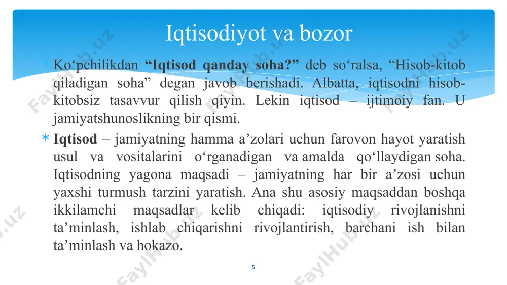 dr-qiymatining barqarorligini ta’minlash 5. aholi turmush farovonligini mustaqil oshirib, iqtisodiyotning ijtimoiyligini to’laroq yuzaga chiqarishga ko’maklashish. 6. milliy iqtisodiyotni xalqaro xalqaro integratsion jarayonlarda faol ishtirok etib, xalqaro iqtisodiyotda o’z o’rnini topishi, xalqaro iqtisodiy munosabatlarda teng huquqli ishtirokchisiga aylanishga erishish 18 7.milliy iqtisodiyotning istiqbolini ta’minlash, ya’ni uni uzoq kelajakda o’sib borishiga sharoit hozirlash 19 davlat siyosati belgilagan maqsadlarga quyidagi vositalar bilan erishiladi: 1. soliqlar, subsidiyalar, litsenziyalar, eksport kvotalar, davlat investitsiyalari, turli sanksiyalar kabilar kiradi 2. yuridik vosita. bu iqtisodiy faoliyat tartibi va qoidalarini belgilab beruvchi qonunlarni va ularga mos qonun osti xujjatlarni ishlab chiqish va joriy etishdan iborat. qonunchilik iqtisodiyotning huquqiy asoslarini belgilab beradi 3. siyosiy-ma’muriy vositalar. davlat hokimiyat sohibi bo’lganidan o’z siyosatiga rioya etilishini o’z organlari kuchi kuchi bilan ta’minlaydi 20 davlatning iqtisodiy funksiyalari. 20 davlatning iqtisodiy siyosati– bu makroiqtisodiy siyosat bo’lib, uning mamlakatning milliy iqtisodiyotiga oid puxta o’ylangan va ishlab chiqilgan yo’l-yo’riqlari va ulardan kelib chiqadigan sa’y harakatlaridir monetar siyosat …