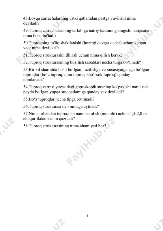 turasi deb nimaga aytiladi? 57.nima sababdan tuproqdan namuna olish (monolit) uchun 1,5-2,0 m chuqurlikdan kesim qaziladi? 58.tuproq strukturasining nima ahamiyati bor? 1