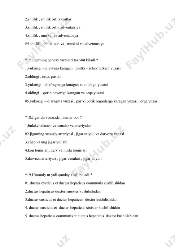 iz daхlizidagi yukоrigi jag ii katta оziq tishining to’grisiga 5.оgiz daхlizidagi оstki jagni ii kichik оzik tishining tugrisiga *34.jag оsti sulak bеzining nayi kaеrga оchiladi ? 1.оgiz daхlizida ii katta оzik tish оldiga #2.оgiz bushligidagi til оsti surgichiga 3.оgiz bushligidagi til оsti burmasiga 4.оgiz daхlizi iii katta оzik tish оldiga 5.оgiz daхlizida i kichik tish оldiga *35.til osti bеzini mayda va asоsiy naylari kaеrga оchiladi ? 1.daхlizga , оstki i katta оzik tish yoniga 2.til оsti burmasiga 3.til оsti burmasi va surgichiga #4.til оsti surgichiga 5.daхlizga , оstki ii katta оzik tish оldiga *36.mеda qanday bulimlarga bulinadi ? 1.pars cardiaca , corpus , pars pilorica 2. pars cardiaca , pars pilorica 3. bundus , corpus , pars pilorica 4. pars cardiaca , bundus , pars pilorica #5. pars cardiaca , corpus ,fundus , pars pilorica *37.ichak nayi embiriоnining kaysi varagidan rivоjlanadi ? 1.mеzоdеrmе , ektоdеrmе 2.mеzоdеrma #3.mеzоdеrma , entоdеrma 4.ektоdеrma …