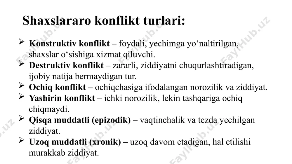 oki kayfiyatning o‘zgarishi sababli); bir necha daqiqadan bir necha soatgacha davom etishi mumkin; ko‘pincha muloqot, kechirim yoki tushuntirish orqali hal bo‘ladi; chuqur ziddiyatga aylanmaydi va do‘stlik, ish munosabatlariga zarar yetkazmaydi. uzoq muddatli (xronik) konflikt — bu vaqt jihatidan uzoq davom etadigan, doimiy yoki takrorlanib turadigan, hal etilishi qiyin bo‘lgan ziddiyatdir. bu turdagi konfliktlar odatda chuqur sabab va qarama-qarshiliklarga ega bo‘lib, shaxsiy, oilaviy, ijtimoiy yoki mehnat muhitida doimiy keskinlik manbai bo‘lib qoladi. 📚 ilmiy izoh: psixologiyada bu turdagi konfliktlar xronik ziddiyatlar deb yuritiladi. ular quyidagi belgilar bilan ajralib turadi: muntazam yoki takroriy tarzda yuzaga keladi; sabablar chuqur – qadriyatlar, prinsiplar, shaxsiy ziddiyatlarga borib taqaladi; hal qilishga harakat qilingan bo‘lsa-da, barqaror yechim topilmagan; ziddiyat ishtirokchilarning ruhiy holatiga, ishonchga, jamoa yoki oila muhitiga salbiy ta’sir ko‘rsatadi. ✅ xulosa: uzoq muddatli konfliktlar: shaxslararo va guruhlararo munosabatlarda jiddiy to‘siq bo‘ladi; psixologik zo‘riqish, stress, motivatsiya yo‘qolishi, ajralish, ajratilish kabi oqibatlarga olib keladi; ularni hal etish uchun …