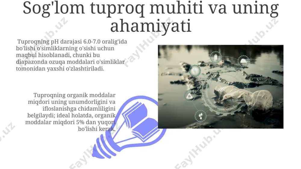 rish, havo sifati yaxshilanishiga sezilarli hissa qo'shadi. atmosfera ifloslanishini nazorat qilish usullari atmosfera ifloslanishini nazorat qilishda, zararli chiqindilarni 90% gacha kamaytiradigan ilg'or filtrlash tizimlaridan foydalanish muhim ahamiyatga ega bo'lib, bu havoda pm2.5 kabi zararli moddalar miqdorini sezilarli darajada pasaytiradi. sanoat korxonalarining chiqindilarini nazorat qilish bo'yicha qat'iy ekologik standartlarni joriy etish va ularning bajarilishini muntazam monitoring qilish orqali atmosfera ifloslanishini 50% gacha kamaytirish mumkin. atmosfera ifloslanishining sog'liqqa ta'siri atmosferaning nox bilan ifloslanishi yurak-qon tomir kasalliklari, shu jumladan, yurak xuruji va insult xavfini 15-20% ga oshirishga olib kelishi mumkin, bu esa sog'liqni saqlash tizimiga katta yuk o'tkazadi. atmosfera ifloslanishi nafas olish yo'llari kasalliklari, masalan, bronxit va pnevmoniya xavfini 20% ga oshirishi mumkin, ayniqsa, pm2.5 kabi zararli zarrachalar konsentratsiyasi yuqori bo'lgan hududlarda. suvning gigiyenik talablarga javob bermasligi 01 02 suv manbalarining gidrologik rejimining buzilishi, suvning ph darajasining 6,5 dan past yoki 8,5 dan yuqori bo'lishi, organizm uchun zararli bo'lgan moddalarning konsentratsiyasini oshiradi. sales …