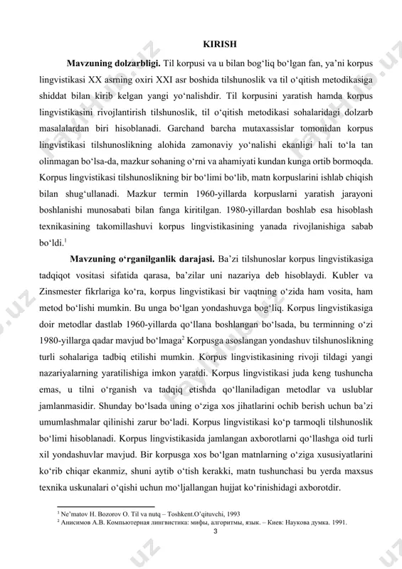 ngvistikasini yaratishga bo‘lgan ehtiyojni anglash katta muvaffaqiyatlar sari qo‘yilgan salmoqli qadamdir. bugungi kunda ikkinchi (chet) tilni o‘qitish jarayonida uchraydigan muammolardan biri talabga javob beradigan pedagogik matn materiallarining yetarli emasligidir. shu bois o‘quvchilarda motivatsiyani hosil qilishga ko‘maklashadigan yangi materiallarni tayyorlashdek kundalik ishni bajarish uchun til o‘qituvchilari ko‘p vaqt sarflashi kerak bo‘lib qolmoqda. mazkur holatda korpus lingvistikasining metodlaridan foydalanish orqali masalani hal etish mumkin. kurs ishining nazariy-uslubiy asoslari. talabalarning mustaqil ta’lim madaniyatini yuksaltirish masalasi dolzarb bo‘lib turgan hozirgi paytda yuqorida keltirilgandek vazifalarni bajarish juda foydalidir. binobarin, talaba aniq savollariga javoblar topish, o‘rganilayotgan tilning real tabiiy holatini ko‘rish, uning tarixiy, geografik, ijtimoiy jihatdan variativligini isbotlash kabi imkoniyatlarga ega bo‘ladi. til ta’limida korpus metodlariga an’anaviy ta’lim texnologiyalariga qo‘shilgan yuqori samara beruvchi innovatsion metodlar deb ham qaraladi. mazkur metod fanlararo aloqa, emperik adekvatlik, autentlik, egiluvchanlik, muayyan vazifa va maqsadlarga moslashuvchanlik, talabaga mustaqil bilim olish imkonini yaratish, ta’limda "ixtiro" metodini qo‘llash kabi aspektlarga ega. kurs ishining …