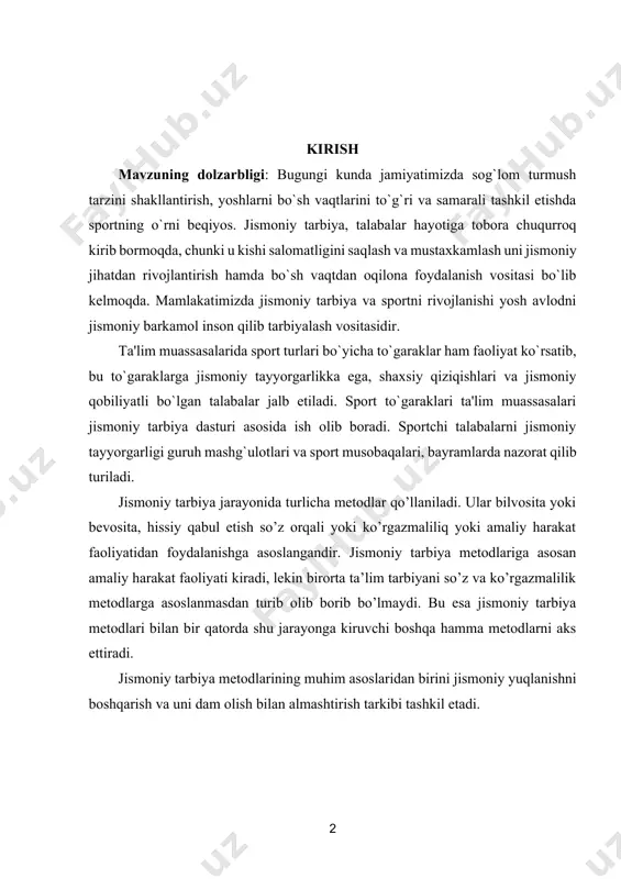 rkibi tashkil etadi. jismoniy yuklanish - deb jismoniy mashqlarni organizmga ta’sir etuvchi hamda sodir bo’ladigan ob’ektiv va sub’ektiv qiyinchiliklarni yengish darajasiga aytiladi. jismoniy yuklamaorganizmning ish potentsiali sarflanishi va charchash bilan bevosita bog’liq bo’lib charchash jismoniy yuklanishi bilan ifodalangan tiklanish jarayoni ro’y beradigan dam olish bilan bog’liqdir. shunday qilib, jismoniy yuklamacharchash orqali ish qobiliyatini tiklash va oshirishga olib keladi. jismoniy yuklanishning samaradorligi uning hajmiga va shiddatiga ko’p proportsional. jismoniy yuklanishning hajmi deb ayrim mashqlarning ko’p vaqtli ta’sirchanligi shuningdek ma’lum bir vaqtda bajarilgan jismoniy ishlarning miqdoriy yig’indisiga aytiladi (ayrim mashg’ulot yoki uning bir qismi davomida, bir hafta va h.k.). jismoniy yuklanishning shiddati uning har bir momentdagi ta’sir kuchi, funktsiya kuchlanganligi, ta’sirning bir vaqtdagi qiymati bilan xarakterlanadi. shiddat ko’rsatkichlari: harakatni tezligi, ishlarning quvvati, qarshiliklar og’irligi, shuningdek mashqlar bajarilishini tezligi va h.k. jismoniy yuklanishning hajmi va shiddati ko’rsatkichlari orasida teskari proportsional munosabat mavjud. bundan shu narsa kelib chiqadiki ba’zi mashqlarni shidati qancha yuqori bo’lsa …