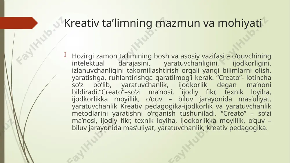 n keyingi ta’lim to’rtinchi darajadagi, ya’ni ilmiy izlanish, magistratura, aspirantura, doktaranturalarda bilim berishni davom ettiriladi. shuni yodda saqlash kerakki, ijodkor yaratuvchi shaxsni tarbiyalash, fanga ma’lum bo’lgan bilimlarning o’zi bilangina kifoyalanmay, olingan, o’zlashtirilgan bilimlar zamirida yangi bilimlarni kashf etishlari bilan muhimdir. bunga yorqin misol qilib, ulug’ allomalarimiz muso al – xorazmiy matematika fani asoschisi, al – farg’oniyning turli fanlarga tegishli buyuk kashfiyotlari, al – farobiyning (70 dan ortiq tillarda erkin so’zlashgan) tovush tezligi, chastotasi, moddiyat, issiqlik, harakat, optikaga oid kashfiyotlari, abu rayhon beruniyning (qomusiy olim) minerologiya, geodeziya, jo’g’rofiya, falakkiyot fanlari rivojiga qo’shgan katta xissalari, abu ali ibn sinoning “tib qonunlari”, “ko’z anatomiyasi”ga bag’ishlangan kitoblari, ulug’bekning “zijji ko’rogoniy” asari va boshqa buyuk allomalarimizning qoldirgan qimmatli asarlari hozirda ham bizning mamlakatimizda va ko’plab xorijiy mamlakatlarda o’qib o’rganilishini keltirishimiz mumkin. ularning buyuk kashfiyotlari butun jahon xalqlarining umummulkiga aylanmoqda. bu shundan darak beradiki, allomalarimiz mavjud bilimlarni chuqur va puxta o’rganib, o’zlashtiribgina qolmay, ular o’z ishlariga …