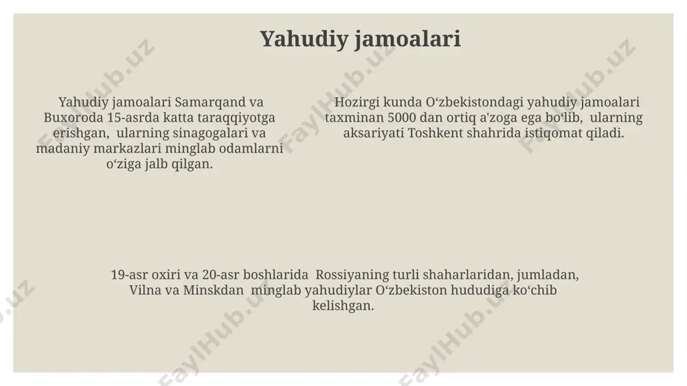 alqining misrdan ozod bo'lishini va yerusalimga qaytishini anglatadi va maxsus sedar kechki ovqatida matza nonini iste'mol qilishni o'z ichiga oladi. ravvinlar qadimgi davrlarda, misr, bobil yoki rim kabi turli mamlakatlarda yashagan ravvinlar, talmudning 6 ta tartibini o'rganishda 1000 yildan ortiq vaqt sarflaganlar. ravvinlar yahudiy jamoalarida 3000 yildan ortiq vaqt davomida halollik qoidalari va yahudiy qonunlarini talqin qilishda muhim rol o'ynaganlar. masalan, bobil surgunidan keyin, 70-yilgacha yerusalimda katta ta'sirga ega bo'lganlar. ravvinlar yahudiy jamoalarida 3000 yildan ortiq vaqt davomida halollik qoidalari va yahudiy qonunlarini talqin qilishda muhim rol o'ynaganlar. masalan, bobil surgunidan keyin, 70-yilgacha yerusalimda katta ta'sirga ega bo'lganlar. minhaglar minhaglar, pesax bayrami kabi muhim bayramlarni nishonlash usullarini, shuningdek, shabbat va boshqa yahudiy marosimlarini o'tkazish tartibini aniqlaydi, bu esa 70 dan ortiq farq qiluvchi amaliyotlarning mavjudligini ko'rsatadi. minhaglar, sephardi, ashkenazi va mizrahi kabi turli yahudiy jamoalari o'rtasida farq qiladi, bu esa 1000 yildan ortiq davom etgan geografik va madaniy ta'sirlarning natijasidir. …