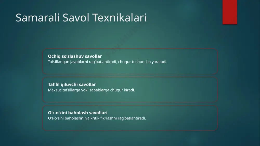 his qilish uchun qo‘llab-quvvatlash guruhlari, nazorat xizmatlari va ta'limiy materiallar haqida ma'lumot berish. tafsilotli eslatmalarning ahamiyati 1 kasalni davolashni kuchaytiradi tafsilotli eslatmalar, tibbiyot xizmat ko‘rsatuvchilari uchun kasalning progressini kuzatish, sun‘iy modellarni aniqlash va ma’lumotli davolash qarorlarini qabul qilishga yordam beradi. 2 qonunlar himoyalari kasal bilan uchrashuvlar to‘g‘risida tafsilotli hujjatlar, tibbiyot mutaxassislarini xato amallar va huquqiy munosabatlariga qarshi himoya qiladi. 3 kommunikatsiyani yordam beradi tafsilotli eslatmalar, tibbiyot jamoasi a’zolari o‘rtasida aniq kommunikatsiyani ta’minlash, davolashning davomiyligini va kasalning xavfsizligini ta’minlashadi. ochiq so‘rovnoma ishlatish 1 2 3 ochiq so‘rovnoma foydaları ochiq so‘rovnoma misolları ochiq so‘rovnoma ishlatish uchun maslahatlar ochiq so‘rovnoma tafsilotli javoblarni rag‘batlantiradi, chuqur tushunchalarni aniqlaydi va kasallarga o‘z fikrlarini ochiqroq bayon qilishga imkon beradi. "so‘nggi vaqtlarda qanday his qilayotgan bo‘lsangiz?" yoki "simptomlaringiz haqida ko‘proq aytishingiz mumkinmi?" degan ochiq so‘rovnoma o‘zgaruvchilarni yo‘lga qo‘yadigan ma‘noli muloqotlar uchun samarali bo‘ladi. "simptomlaringizni qanday bosib chiqarish ekanligini o‘ylaysiz?" kabi savollarni batafsil javoblarga yo‘naltirish uchun ishlatish orqali haqiqiy …