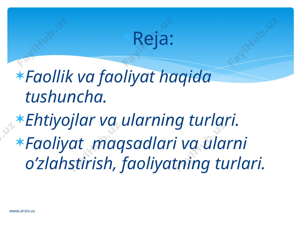 qo`llaniladi. faollikning bu, alohida maxsus insoniy turining farq qiluvchi psixologik belgilari nimalardan iborat? bu farq qiluvchi belgilardan biri shundan iboratki, faoliyatning mazmuni uni keltirib chiqargan ehtiyoj bilangina belgilanmaydi. basharti motiv sifatida ehtiyoj faoliyatga turtki berib, uni ragbatlantirar ekan, u holda faoliyatning shakllari va mazmuni ijtimoiy shart - sharoitlar, talablar va tajriba bilan belgilanadi. faoliyat va uning maqsadlari haqida tushuncha www.arxiv.uz tashqi, real harakatdan ichki, ichki timsoliy harakatga o`tish jarayonini interiorizatsiya (tom ma`nosi bilan aytganda, ichki tarzga aylanish) deb atashadi. interiorizatsiya tufayli kishi psixikasi ma`lum bir vaqt ichida uning nazari e`tiborida bo`lmagan narsalarning obrazi(timsoli)dan foydalanish qobiliyatiga ega bo`ladi. biz ichki, psixik faoliyatni tashqi, anik faoliyatning interiorizatsiyalashuvi natijasi deb hisoblash mumkinligini ko`rib chiqdik. shunga muvofiq tarzda tashqi, anik faoliyatni ham ichki, psixik faoliyatning eksterizatsiyalashuvi (tom ma`nosi bilan aytganda, ichki tarzga aylanishi) deb qarash mumkin ("eksternus" - "tashqi" degan ma`noni anglatadi). faoliyatning interiorizatsiyalash va eksteriorizatsiyalashuvi www.arxiv.uz harakat usullaridagi bu o`zgarishlar qanday yuz beradi …