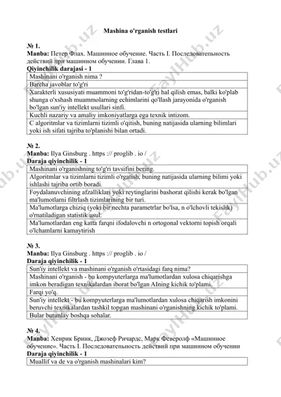 mashina o'rganish testlari — DOCX