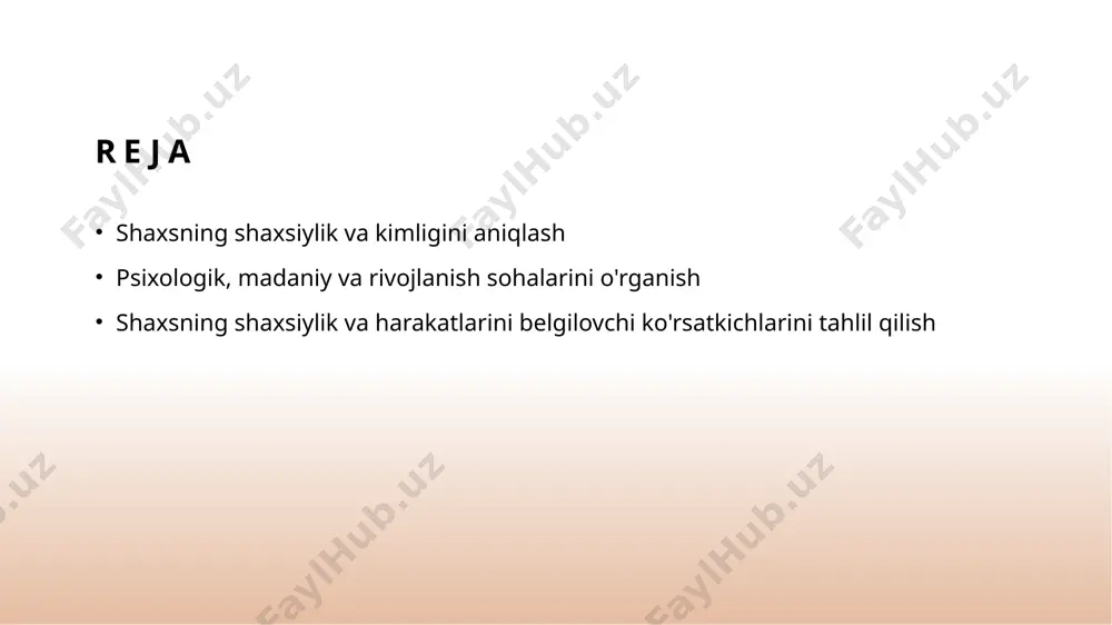 tahlil qilish, shaxsiylikning o'zini tushuntirishda muhim ahamiyatga ega. insonning o'ziga xos psixologik muammosini tushuntirishga yordam beradi. 02 davlat va jamiyatning roli davlat va jamiyat, inson psixologiyasiga o'zaro ta'sir ko'rsatadi. davlat siyosati, jamiyatning qo'llab-quvvatlash tizimi inson psixologik holatini shakllantiradi. 03 individualning o'ziga xos jihatlarini aniqlash psixologik sohalarni tahlil qilish, har bir insonning xususiyatlari va o'ziga xos jihatlarini aniqlashda yordam beradi. insonning o'zining tushuntirilmasligini o'rganishga imkoniyat yaratadi. madaniy o'zgarishlarni o'rganish madaniy o'zgarishlarni o'rganish, insonning shaxsiy rivojlanishida muhim rol o'ynaydi. madaniy o'zgarishlar insonning tarbiyaviy, psixologik va ijtimoiy asoslariga ta'sir qiladi. bu jarayonlar shaxsning o'zini aniqlashda yordam beradi. photo by katja anokhina on unsplash rivojlanish sohalarini tushunish 1 rivojlanish jarayoni shaxsning o'zini rivojlantirish uchun kerakli harakatlar, o'zlashtirish va o'zini tahlil qilish kabi jarayonlarni o'rganish. 2 o'z-o'zini tahlil qilish shaxsning o'zining qobiliyatlarini, xohishlari va muammolarini tahlil qilish jarayoni, rivojlanishda muhim ahamiyatga ega. 3 o'zlashtirish shaxsning o'zini o'rganish, yangi ma'lumotlar va tajribalarni qo'llash orqali o'zini rivojlantirish …
