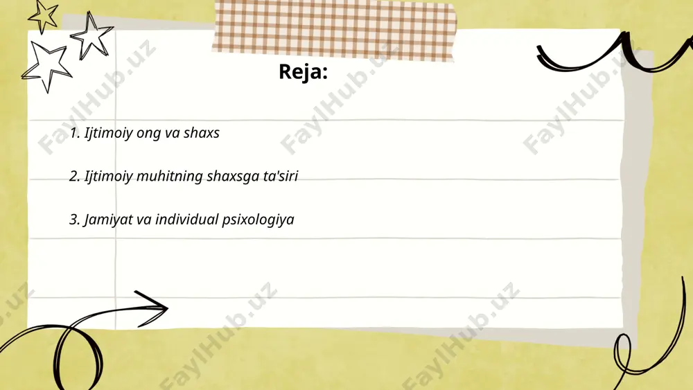 shuv va ijtimoiy o‘rgatish jarayonlarini o‘rganadilar. jamiyatdagi qadriyatlar, madaniyat va ijtimoiy institutlar shaxs shakllanishida katta rol o‘ynaydi. 1951-yildagi solomon ashning ijodiy itoat tajribasi ijtimoiy bosimning qaror qabul qilishdagi ta’sirini ko‘rsatdi. inson psixologiyasi ijtimoiy norma va guruh dynamicsidan ta'sirlanib, shaxsiy hatti-harakatlar va qarorlariga ta’sir ko‘rsatishi aniqlangan. ... t.me/slaydai_bot 4. ijtimoiy stereotiplar va shaxs ijtimoiy stereotiplar jamiyatda keng tarqalgan, odamlarning guruhlarga oid umumlashmalari asosida yaratilgan fikrlar bo‘lib, ko‘pincha haqiqatga mos kelmaydi. shaxsiyat esa insonning o‘ziga xos xususiyatlari majmuasi hisoblanadi. tadqiqotlarga ko‘ra, 75% odamlar o‘zlari ham sezmayoq stereotiplarga ko‘ra fikr yuritadilar. bu stereotiplar shaxsning o'zini rivojlantirishiga yoki jamiyatda muvaffaqiyatga erishishiga xalal berishi mumkin. masalan, 60% ayollar va 50% erkaklar jinsiy stereotiplar tufayli o‘z imkoniyatlarini to‘liq amalga oshira olmasliklarini his qilishadi. shu sababli, ijtimoiy stereotiplarni aniqlash va ulardan xalos bo‘lish shaxs rivojlanishi uchun muhim hisoblanadi. ... t.me/slaydai_bot shaxsiy identifikatsiya insonning kimligini aniqlash uchun ishlatiladigan ma'lumotlarni o'z ichiga oladi. odatda, shaxsiy identifikatsiya hujjatlari - tug'ilganlik …