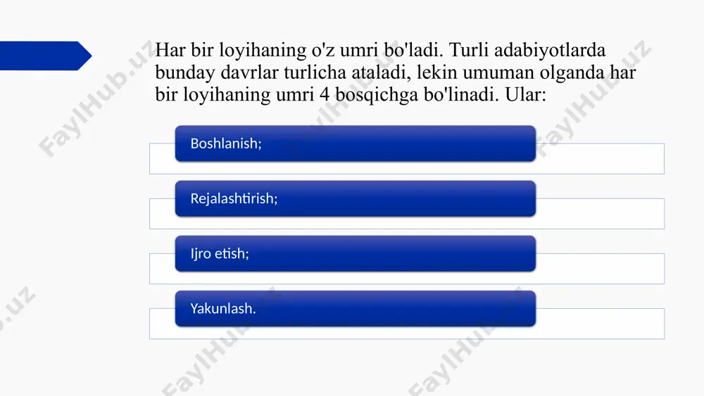 r multi loyihalar xisoblanadi. bir buyurtmachi ob’ektining kompleks ishini bir necha pudratchilar tomonidan bajaradi. bir pudratchi kompleks ishni turli buyurtmachilar bilan turli xildagi ishni alohida shartnomalar asosida bajaradi. multi loyihalarga mana bunday misollar keltirish mumkin: mono loyiha multi loyihaning muqobili xisoblanib alohida investitsiya, ijtimoiy va boshqa loyihalar cheklangan vaqt va resurslar bilan yagona loyiha bo‘yicha bajarilishi tushuniladi. mega loyiha bu umumiy maqsad sari birlashtirilgan zarur resurslar va uni bajarish uchun vaqtga ega bo‘lgan o‘zaro bog‘liq bir qancha loyihalarga ega bo‘lgan maqsadli dasturdir. bunday dasturlar xalqaro, davlat, milliy, xududiy bo‘lishi mumkin. mego loyihani o‘ziga xos jihatlari quyidagilar: o‘ta qimmat (bir mlrd. va undan ortiq dollar); kapital sig‘imi yuqori; mehnat sarfini ko‘pligi (loyihalashtirishga 2 mln. kishi/soat, qurilishga 15-20 mln. kishi/soat); amalga oshirishni o‘zoq muddatliligi (5-7 va unddan ko‘p yil); boshqa mamlakatlar ishtirokining zarurligi; loyihani amalga oshirish xududlarini o‘zoqligi, binobarin infrastrukturaga qo‘shimcha xarajatlar qilinishi; xudud va umuman mamlakatlarning iqtisodiy va ijtimoiy muhitiga ta’sir …