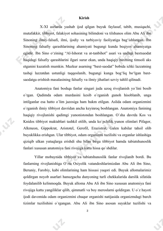 birgalikda o`sha davr fani taraqqiyotining eng yuqori cho`qqisini tashkil etadi. uning to`la ismi abu ali al-husayn ibn abdulloh al-hasan ibn ali ibn sino bo‟lib, ko`pincha qisqartirib abu ali ibn sino yoki ibn sino deb yuritiladi. ibn sinoning otasi abdulloh balx shahridan bo‟lib, somoniylar amiri nuh jbn mansur (976-997) davrida buxoroga ko`chib keladi va o`sha atrofdagi xurmiton qishlog`iga amaldor etib tayinlanadi. keyin u afshona qishlog`ida ham istiqomat qiladi va shu qishloqlik sitorabonu ismli qizga uylanadi. ularning ikki o`g`illari bo‟lib, shulardan kattasi husayn edi (ibn sinoning bolalikdagi asl ismi shunday bo‟lgan). u 370- hijriy yili safar oyining boshida (ya'ni 980- yil avgust oyining ikkinchi yarmida) dunyoga keladi. husayn 5 yoshga kirgach, ibn sinolar oilasi poytaxt — buxoroga ko`chib keladi va uni shu yerda o`qishga beradilar. ibn sino avval qur'on va adab darslarini o`qiydi va 10 yoshga yetar-yetmas bu darslarni to`la o`zlashtirib oladi. ayni vaqtda u arifmetika va algebra fanlari bilan ham shug`ullanadi. …