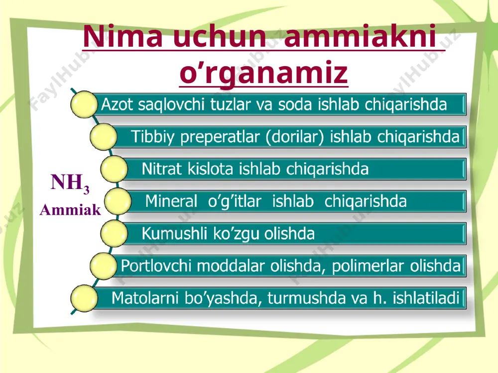 ioni bilan to‘qnashganda azotning xususiy elektron jufti vodorod bilan azot atomlari uchun umumiy bo‘lib qoladi: nh3 + h2o → nh4+ + oh– kimyoviy xossalari ammiak kislotalar bilan ham reaksiyaga kirishib tuz hosil qiladi. ammiakning kislotalar bilan reaksiyalar ham donor-akseptor mexanizmi bo‘yicha amalga oshadi. kislotalar molekulasidan ajralib chiqqan vodorod ionlari ammiak molekulasidagi xususiy elektron jufti hisobiga kovalent bog‘ hosil qilib ammoniy ioniga aylanadi. nh3 + hcl = nh4cl (ammoniy xlorid) nh3 + hno3 = nh4no3 (ammoniy nitrat) nh3 + h2so4 = nh4hso4 (ammoniy gidrosulfat) ammoniy ionida azot 4 valentli bo‘lib qoladi. oksidlanish darajasi esa o‘zgarmaydi, ya’ni –3 ga teng. kimyoviy xossalari ammiak yuqori haroratda azot va vodorodga ajraladi. t 2nh3 → n2 + 3h2 ammiak metall oksidlari bilan reaksiyaga kirishadi 2nh3 + 3cuo → 3cu + n2 + 3h2o bu reaksiyada ammiak – qaytaruvchidir. kimyoviy xossalari ammiak kislorodda yonadi, natijada azot va suv hosil qiladi 4nh3 + 3o2 = 2n2 + …
