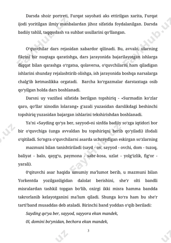 ora ekan mandek. 1. sayyod timsolini ijtimoiy hayotda kimga o‘xshatish mumkin? 2. sayyodning saydi bilan tog‘lar orasida qanday bog‘liqlik bor? 3. mazkur banddagi qaysi misrada o‘tinch hissi kuchliroq ifodalangan deb o‘ylaysiz? o‘quvchilar bu savollarga ham o‘z imkoniyatlari darajasida javob beradilar. besh кип sening davringda bechora xirom etsun, ohular ila o‘ynab, ayshini mudom etsun, yomg‘ir suvi to‘lganda, tog‘ lolani jom etsun, haqqingga duo aylab, umrini tamom etsun. hijron o‘qidin jismi ko‘p yora ekan mandek, kuygan jigari-bag‘ri sadpora ekan mandek. 1. «besh кип» iborasini qanday tushundingiz? 2. tog‘ lolasi bilan ohuning bir-biriga qanday aloqasi bo‘lishi mumkin? sargashta bu vodiyda bir boshig‘a rahm etgil, yo‘q toqati bandingga, bardoshiga rahm etgil, yig‘lab senga termulur, ko‘z yoshiga rahm etgil, rahm etmasang o‘ziga, yo‘ldoshiga rahm etgil, hijron o‘qidin jismi ko‘p yora ekan mandek, kuygan jigari-bag‘ri sadpora ekan mandek. 1. «yig‘lab senga termulur, ko‘z yoshiga rahm etgil, rahm etmasang o‘ziga, yo‘ldoshiga rahm etgil» misralarini qanday tushundingiz? 2. …