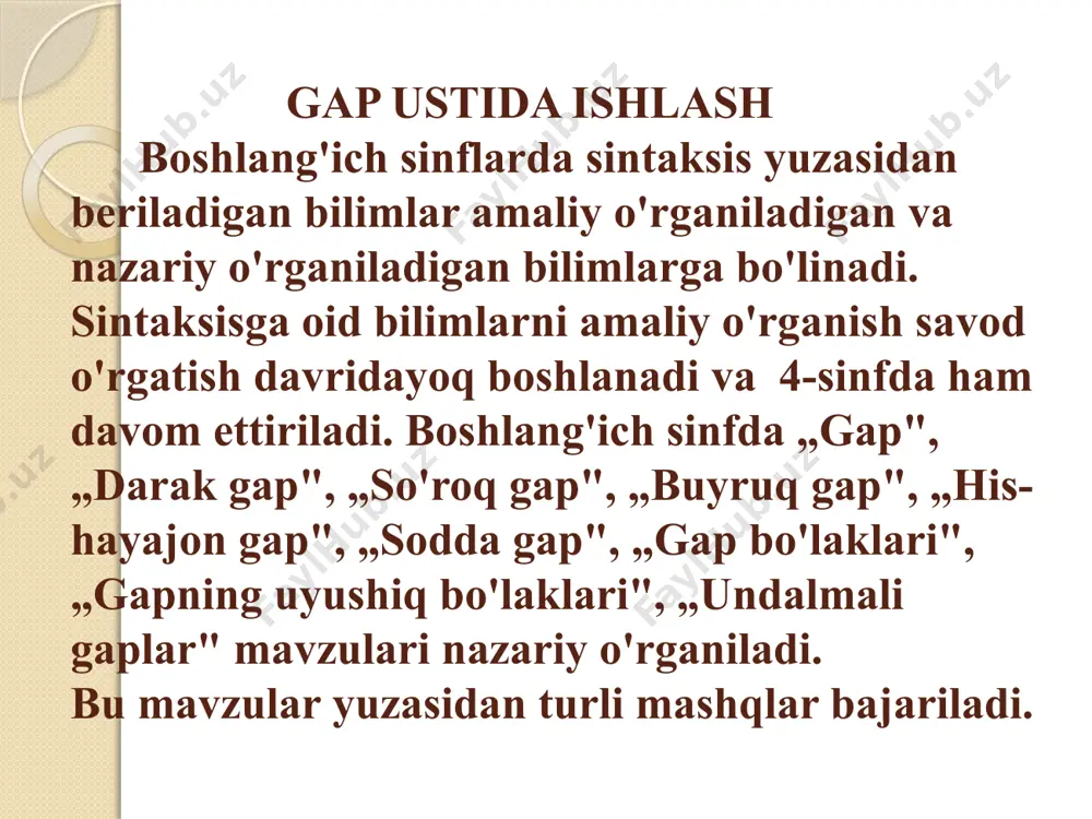 shakllanadi. gapni o'rganish me’yoriga qarab uning tarkibiy qismlari, xususan, so'z birikmasi haqidagi tasavvur aniqlanadi. boshlang'ich sinflarda o'rganiladigan sintaktik material kam bo'lsa ham, butun o'quv yili davomida, boshqa mavzularga singdirilgan holda gap ustida ishlab boriladi. dasturga ko'ra, 1-sinfda o'quvchilarga gap haqida elementar tushunchalar beriladi. gap tugallangan fikr bildirishi, gap so'zlardan tashkil topishi, uning oxiriga ma’lum tinish belgilari qo'yilishi haqida amaliy ma’lumotlar beriladi. 2-sinfda esa o'quvchilar gap haqida nazariy tushunchalar oladilar. ular gapdan shu gap kim yoki nima haqida aytilganini va u haqda nima deyilganini bildirgan so'zni ajratishga o'rganadilar. aslida gapning grammatik asosi ustida ishlash mana shundan boshlanadi va bu bosh bo'laklarni o'rganishga muqaddima bo'ladi. 3-sinf gap ustida ishlashda yangi bosqichdir. o'quvchilar gapni amaliy o'rganishdan tushuncha sifatida o'rganishga o'tadilar. ular gapning muhim belgilarni bilib oladilar. bu bosqichda bosh va ikkinchi darajali bo‘laklarning ta’rifi, ega va kesim atamalari kiritiladi. bu sinfda gapda so'zlarning bog'lanishiga katta e’tibor beriladi. o'quvchilar gapning asosi (ega va kesim)ni …