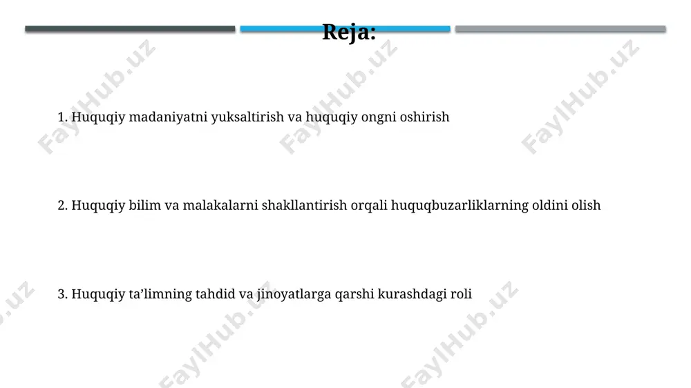 atchilikning oldini olish bo‘yicha samarali dasturlarni amalga oshirish mumkin. kiberjinoyatlarga qarshi kurashda huquqiy bilim kiberxavfsizlik sohasidagi 5 yillik tajribaga ega bo'lgan mutaxassislarning fikricha, huquqiy bilim, kiberjinoyatlarning oldini olish va ularga qarshi kurashishda samaradorlikni 20% ga oshirishga yordam beradi. huquqiy ta'lim, kiberjinoyatlarni tergov qilishda 30 dan ortiq turdagi raqamli dalillarni qanday to'plash, saqlash va taqdim etish bo'yicha amaliy ko'nikmalarni o'rgatadi, bu esa sud jarayonida muhim ahamiyat kasb etadi. huquqiy madaniyatni shakllantirish huquqiy madaniyatni shakllantirish bo'yicha o'tkazilgan tadbirlar soni 2022 yilda 30% ga o'sdi, bu esa jamoatchilikning huquqiy ongini yuksaltirishga yordam berdi. huquqiy madaniyatni shakllantirishda o'zbekiston respublikasi konstitutsiyasi va boshqa muhim huquqiy hujjatlarni bilish darajasi 10% ga oshdi, bu esa fuqarolarning huquqiy bilimiga ijobiy ta'sir ko'rsatdi. huquqiy ongni oshirish huquqiy ongni oshirish bo'yicha o'tkazilgan tadbirlar natijasida 2022-yilda huquqbuzarliklar soni 15% ga kamaygan, bu ta'limning samaradorligini ko'rsatadi. huquqiy ongni oshirishda interaktiv usullar, jumladan, onlayn kurslar va vebinarlar qo'llanilmoqda, bu yoshlar orasida qatnashuvchi sonini …