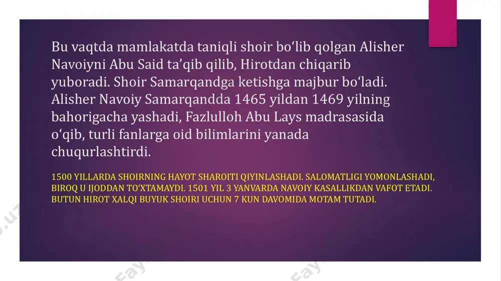 zish mumkinligini isbotlab berdi. “xamsa” yaʼni “besh doston” asarini yaratish - mumtoz sharq adabiyotining eng mukammal anʼanalaridan biri boʻlgan. shu sabab ham tarixda “xamsa” asarini yaratgan shoirlar barmoq bilan sanarli. alisher navoiy “saddi iskandariy” dostonining muqaddima qismida bu masalaga maxsus toʻxtalib, “xamsa” ning har bir dostoni yozilishini kunning maʼlum vaqtlarida oʻqiladigan sahar, peshin, asr, shom va xufton namozlariga oʻxshatadi. navoiy yoshligidanoq turkiy tilda besh doston yaratishni maqsad qilgan. va u boshqa “hamsa” yaratgan shoirlarga nisbatan juda qisqa muddatda, yaʼni 1483-1485 yillarda yozib tugatgan. bu davr mobaynida shoir boshqa traktatlarni ham yaratadi. navoiyning “xamsa” asari “hayrat ul-abror”, “farhod va shirin”, “layli va majnun”, “sabaiʼ sayyor” va “saddi iskandariy” kabi yirik dostonlardan iborat. 52 ming misradan iborat bu beshlik 15-asr islom tafakkurining borliq va tabiat, inson va jamiyat, axloq va kamolot haqidagi oʻziga xos qomusi edi. shoir voqealarni qadim sharq tarixining xusrav, bahrom, iskandar kabi nomlari afsonalar bilan chulgʻangan shaxslar, layli va …