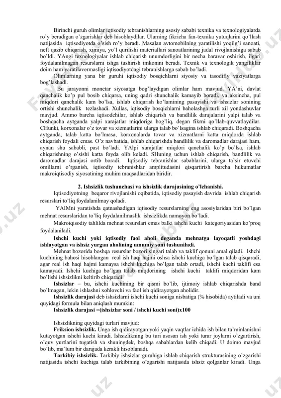 lik darajasiga erishiladi. yuqorida ta’kidlaganimizdek, iqtisodiy davrlar bir xil bosqichlarga ega bo’lsada, ammo ular davomiyligi va faolligiga ko’ra o’zaro farq qilib turadi. shuning uchun ham iqtisodchilar, bu jarayonlarni iqtisodiy davrlar deb emas, balki iqtisodiy tebranishlar deb atash to’g’ri bo’ladi deb hisoblashadi. iqtisodiy tebranishlarning asosiy sababi sifatida iqtisodichilar uch omilni ko’rsatadi. birinchi guruh olimlar iqtisodiy tebranishlarning asosiy sababi texnika va texnologiyalarda ro’y beradigan o’zgarishlar deb hisoblaydilar. ularning fikricha fan-texnika yutuqlarini qo’llash natijasida iqtisodiyotda o’sish ro’y beradi. masalan avtomobilning yaratilishi yoqilg’i sanoati, neft qazib chiqarish, ximiya, yo’l qurilishi materiallari sanoatlarining jadal rivojlanishiga sabab bo’ldi. yangi texnologiyalar ishlab chiqarish unumdorligini bir necha baravar oshirish, ilgari foydalanilmagan resurslarni ishga tushirish imkonini beradi. texnik va texnologik yangiliklar doim ham yaratilavermasligi iqtisodiyotdagi tebranishlarga sabab bo’ladi. olimlarning yana bir guruhi iqtisodiy bosqichlarni siyosiy va tasodifiy vaziyatlarga bog’lashadi. bu jarayonni monetar siyosatga bog’laydigan olimlar ham mavjud. ya’ni, davlat qanchalik ko’p pul bosib chiqarsa, uning qadri shunchalik kamayib boradi, …