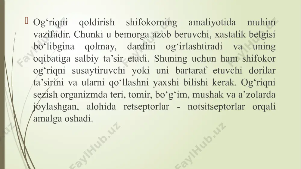 ish; kuchli og‘riqsizlantirish, ayniqsa jarohatlar va kuchli og‘riqlarda (infarkt, saraton va boshqalar); o‘rganib qolganda berilmasa, abstinensiya sindromini yuzaga chiqishi. morfin morfin - opiy-qoradori tarkibiga kiruvchi alkaloid. qoradori bu ko‘knorining pishmagan ko‘sagi qobig‘ini tirnaganda chiqadigan, shirasi havoda qurishi natijasida, hosil bo‘ladi. uni uzoq vaqtdan beri kayf beruvchi, yo‘talga qarshi va ichni to‘xtatish vositasida sifatida qo‘llashgan. qoradori tarkibi murakkab bo‘lib 20 dan ortiq alkoloidlar ajratilgan. alkoloidlar opiy vazni 20%tashkil etadi. undan tashqari oqsillar, polisaxaridlar va boshqalar bor. kimyoviy tuzilishiga qarab, opiy alkoloidlari, piperidin fenantren va benzil izoxinolin hosillariga kiradilar. qoradorining asosiy alkoloidi bo‘lib, morfin hisoblanadi. qoradorining farmakodinamikasi morfin bilan bog‘liq. opiyda morfin miqdori 10%ni tashkil etadi. mnsga morfin bir xil ta’sir etmaydi: ba’zi markazlarni qo‘zg‘atadi, ba’zilarini esa susaytiradi, chunki morfin tarkibida 2ta gidroksil radikali bor bo‘lib, biri fenol gidroksili (susaytiruvchi), ikkinchisi alkogol gidroksili (qo‘zg‘atuvchi). narkoz chaqiruvchi vositalardan farq qilib, morfin ta’siri faqat, bosh miyasi kuchli rivojlangan jonivorlardagina yuzaga chiqadi va u mnsni …