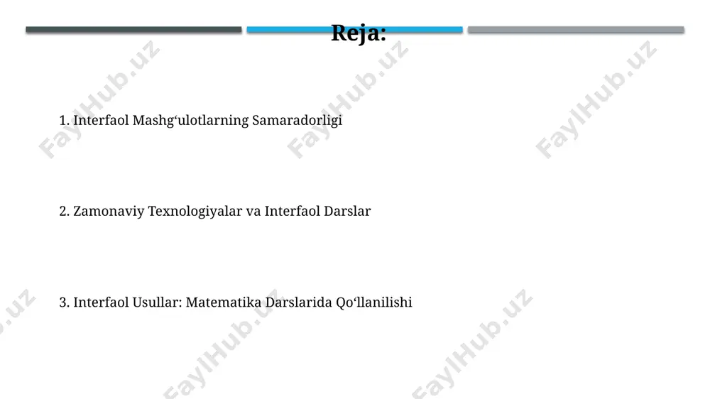 5 ta eng samarali usulni aniqlash muhim. baholash va aks ettirish jarayonida kamida 3 ta turli o'quvchi faoliyatini kuzatish va ularning matematik muammolarni yechish strategiyasini tahlil qilish kerak. texnologiyalardan foydalanish: interaktiv dasturlar va saytlar geogebra kabi interaktiv geometriya dasturlari 3d modellashtirish imkoniyatlarini taqdim etib, o'quvchilarning fazoviy tasavvurlarini 20% ga oshirishga yordam beradi. khan academy kabi onlayn platformadagi 1000 dan ortiq matematikadan interaktiv mashqlar, har xil o'quv uslublariga moslashuvchanlikni ta'minlaydi. e'tiboringiz uchun rahmat @taqdimot_robot image1.jpg image2.jpg image3.jpg image4.jpg image5.jpg image6.jpg