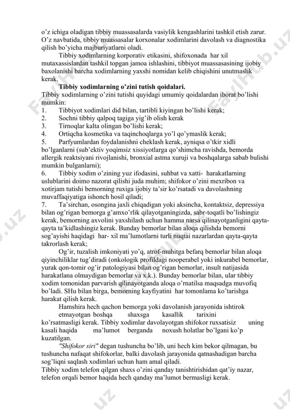 rgov xodimlariga xabar berishi kerak. shifokor bemor ishxonasiga, agar u bu sohada kasalligi tufayli ishlamasligi kerak bo’lsa xabar berishi kerak (oziq- ovqatlar bilan bog’liq sohalarda tuberkulyoz (sil) va venerik kasallikli bemorlar, xaydovchilarda epilepsiya aniklansa) tibbiy muassasada xodimlar o’rtasidagi munosabatlar. tibbiyot muassasalari xodimlari o’rtasidagi munosabatlar umuminsoniy axloqning quyidagi tamoyillariga muvofiq bo’lishi kerak: - xalollik, - samimiylik, - tajribali va o’zidan katta hamkasbiga xurmat va bo’ysinish va x.k tibbiyot muassasalarida bemorning iloji boricha ruxiy holatini shikastlamaydigan va shifokorga ishonch muhitini yaratadigan vaziyat bo’lishi kerak. raxbarlarning surbetligi va xurmatsizligi, xodimlarning unga ko’r-ko’rona bo’ysunishi, xatolarni ko’rmasligi tibbiy xizmat sifatini pasaytiradi. bir tomondan, shifokor xatosini bemor qarindoshlari bilan muxokama qilmasligi kerak, boshqa tarafdan har xil konferentsiyalarda shifokor taktikasini muxokama qilish xatolarni to’g’irlashga va tibbiy yordam sifatini oshirishga olib keladi. jarroxlik klinikasida zamonaviy ilmiy yutuqlarni amaliyotga tatbiq etish jarayoni doimo bo’lishi kerak. ustozlik tamoyiliga rioya qilish kerak: tajribali jarrox yosh mutaxassisga ta’lim beradi. quyidagi asosiy tamoyil …