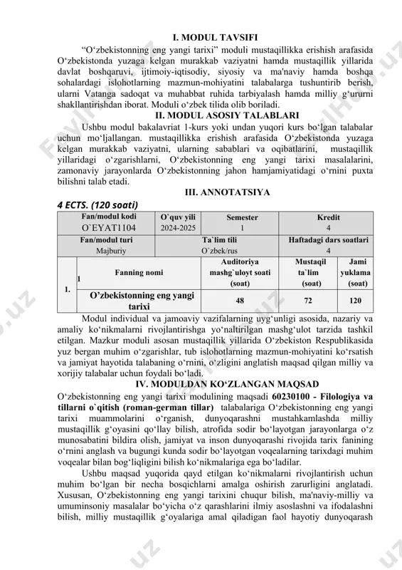 sh, ma'naviy-milliy va umuminsoniy masalalar bo‘yicha o‘z qarashlarini ilmiy asoslashni va ifodalashni bilish, milliy mustaqillik g‘oyalariga amal qiladigan faol hayotiy dunyoqarash kabilar. v. moduldan kutilgan natijalar bilim (mavzu doirasida) ko‘nikmalar 1-mavzu. o‘zbekistonning eng yangi tarixi” o‘quv fanining predmeti, maqsadi va vazifalari, nazariy-metodologik tamoyillari o‘zbekistonning eng yangi tarixi” – o‘zbekiston tarixining uzviy va ajralmas qismidir. “eng yangi tarix” tushunchasi va uning izohi haqida tushuncha hosil qilish yuksak intellektual salohiyatli, ma’naviy barkamol avlodni tarbiyalash, komil insonni voyaga yetkazishda mamlakat eng yangi tarixining tutgan o‘rnini tushunish “o‘zbekistonning eng yangi tarixiga kirish bo’yicha, fan doirasida o’rganiladigan masalalar yuzasidan tushunchalar hosil qilish 2-mavzu. o‘zbekistonda mustaqillik g‘oyalarining tarixiy asoslari. davlatchilik tushunchasi. o‘zbek davlatchiligi va uning tarixiy bosqichlari. mamlakatimiz erki va ozodligi uchun kurashgan qahramon shaxslar: shiroq, spitamen, jaloliddin manguberdi va boshqalar. amir temur – buyuk davlat arbobi va sarkarda. temuriylar hukmronligi davrida ilm-fan va madaniyat taraqqiyoti. o‘rta osiyoning xonliklarga bo‘linib ketishi, uning sabab va oqibatlari. turkiston …