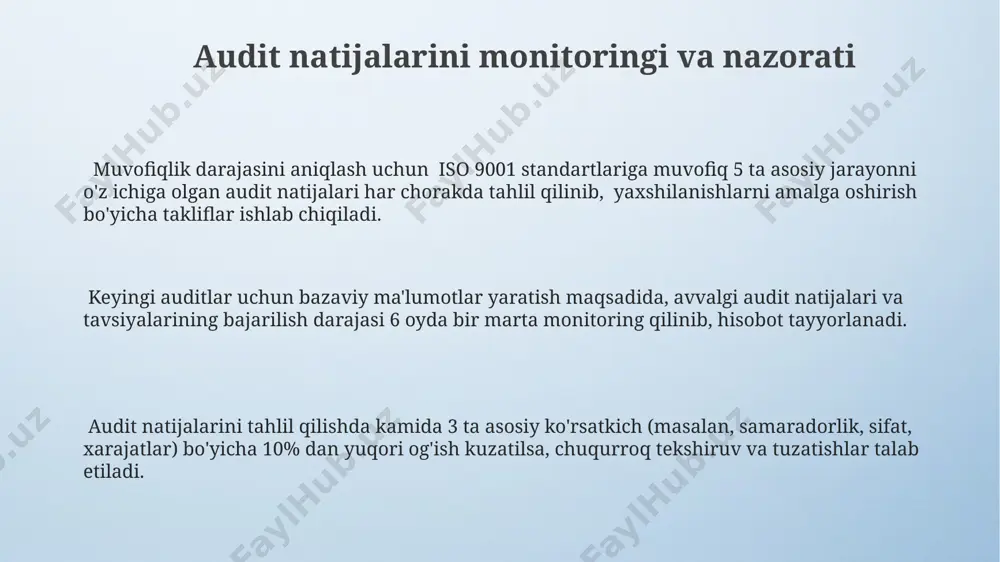 tkichlarini o'rganish ishlab chiqarish jarayonining samaradorligini baholashda 5 ta asosiy ko'rsatkich, jumladan, sifat, miqdor, xarajatlar, muddatlar va xavfsizlikni hisobga olish va ularning har biri bo'yicha ma'lumotlarni to'plash muhim ahamiyatga ega. samaradorlikni oshirish uchun, 10% dan ortiq resurslarni iste'mol qiladigan jarayon bosqichlarini aniqlash va optimallashtirish, shuningdek, avtomatlashtirish yoki yangi texnologiyalarni joriy etish imkoniyatlarini tahlil qilish zarur. samaradorlik ko'rsatkichlarining tahlili, masalan, birlik mahsulotga sarflangan vaqt (30%), materiallar (25%) va ish haqi (40%) kabi tarkibiy qismlarni aniqlash va ularning o'zaro bog'liqligi va samaradorlikka ta'sirini o'rganishni o'z ichiga oladi. auditni rejalashtirish va tayyorgarlik bosqichi auditning aniq maqsadi va doirasini aniqlash, tekshiriladigan davrni (masalan, oxirgi 6 oylik ishlab chiqarish jarayoni) belgilash va kutilgan natijalarni (masalan, 5 ta asosiy kamchilikni aniqlash) aniq ko'rsatib beruvchi audit rejasi ishlab chiqish zarur. audit jamoasini shakllantirishda, turli sohalardagi 2-3 nafar malakali mutaxassisni jalb qilish, ularning auditdan oldingi tayyorgarligi va tegishli uskunalar, jumladan tekshiruv ro'yxatlari va tekshiruv protokollarining mavjudligini ta'minlash muhimdir. …