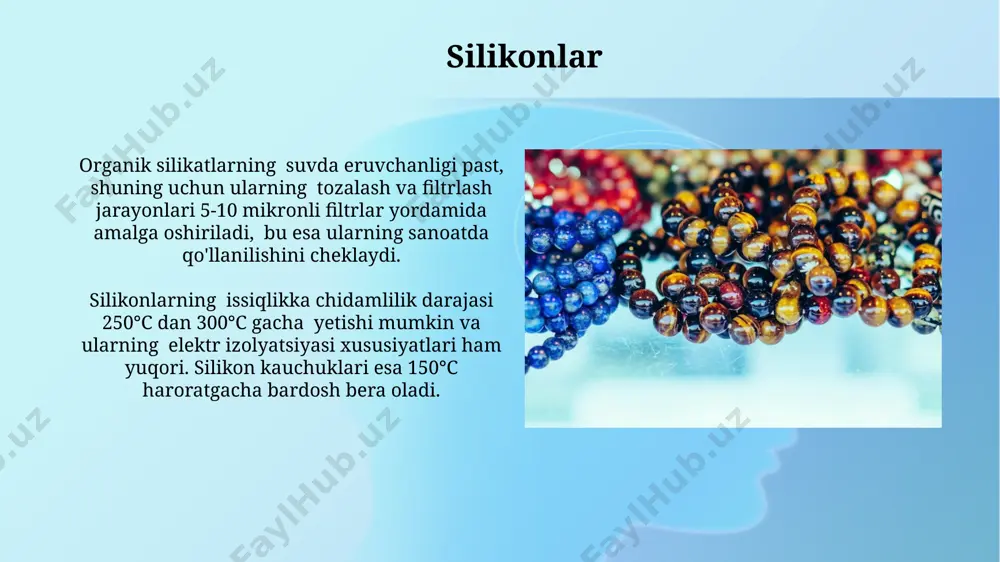 t minerallari yer qobigʻining taxminan 90 foizini tashkil etadi va ularning tarkibida turli xil metallarning oksidlari, masalan, alyuminiy, temir va kaltsiy, mavjud. silikatlar silikatlar, jumladan, 2:1 tipdagi fillosilikatlar, masalan, montmorillonit kabi loy minerallari, suvni yaxshi shimish xususiyatiga ega bo'lib, bu xususiyat o'zbekistonning cho'l hududlarida suvni saqlashda muhim rol o'ynaydi. silikatlarning ba'zi turlari, xususan, 3:2 tipdagi silikatlar, yuqori haroratlarda 1200°c dan yuqori eriydi va shu sababli olovga chidamli materiallar, masalan, shamot g'ishtlarini ishlab chiqarishda keng qo'llaniladi. silikonga asoslangan materiallar 2023 йил маълумотларига кўра, жанубий кореяда кремнийдан тайёрланган юқори самарали quyosh panellari ishlab chiqarish hajmi 15% га ошган. бу энергия самарадорлигини оширишга хизмат қилади. тахминан 5000 дан ортиқ турдаги силикагеллар мавжуд бўлиб, уларнинг кўпчилиги ўз ичига сув молекулаларини ютиш хусусиятига эга ва россия, хитой каби мамлакатларда намликни ютувчи восита сифатида қўлланилади. siliciumning ekologik ta'siri silikon chiplarini qayta ishlashda 50% dan ortiq elektron chiqindilar to'g'ri utilizatsiya qilinmay, tokio kabi yirik shaharlarning atrof-muhit ifloslanishiga …