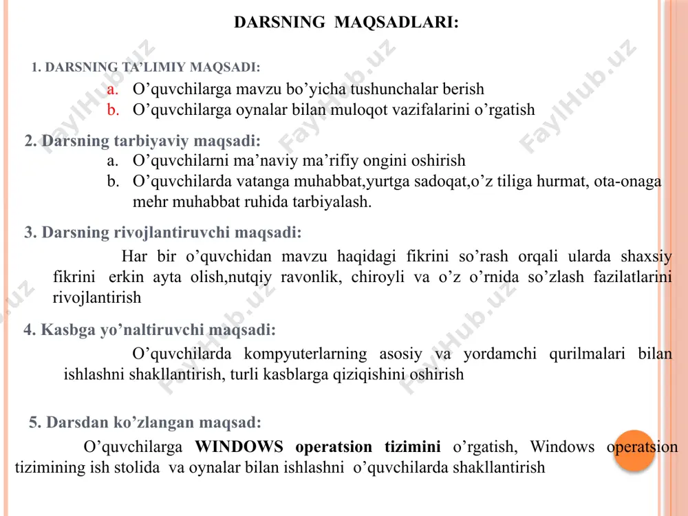 onida yaratilgan matn, rasm, jadval va boshqa fayllar, papkalar saqlanadi. foydalanuvchi tomonidan yaqinda uchirilgan fayl va papkalar ro’yxati joylashadi. kerak bo’lganda ularni tiklash ham mumkin. foydalanuvchining kompyuteriga tarmoqga ulangan kompyuterlardagi fayl, papka va disklar bilan ishlash imkoniyatini yaratadi. internet tizimida foydalanish uchun tanlangan hujjatlar saqlanadi. internetdagi web sahifalarini ko’rib chiqish programmasi. papka – bu so’z bilan nomlangan diskdagi ma’lumotlar sohasi. uning ichida boshqa papkalar va fayllar joylashishi mumkin. yorliq – bu diskda joylashgan fayl yoki dasturgacha yo’llanma. masalalar paneli – aktiv dasturlar va fayllar nomlarini ko’rsatuvchi tugmalar joylashadi va ular yordamida bittasidan boshqasiga tezkor o’tish ta’minlanadi. tizim papkalari oddiy papkalardan qanday xususiyatlari bilan farq qiladi? savollarga javob bering? masalalar panelini qanday usullar yordamida faollashtirish mumkin? ikonalar deb nimalarga aytiladi? yana uni qanday nomlar bilan nomlashimiz mumkin. ish stolida qanday elementlar joylashgan bo’ldi? tizim papkalariga qanday papkalar kiradi? oddiy papkalargachi. moy kompyuter tizim papkasida qanday disklar joylashadi va ularning vazifasini aytib …