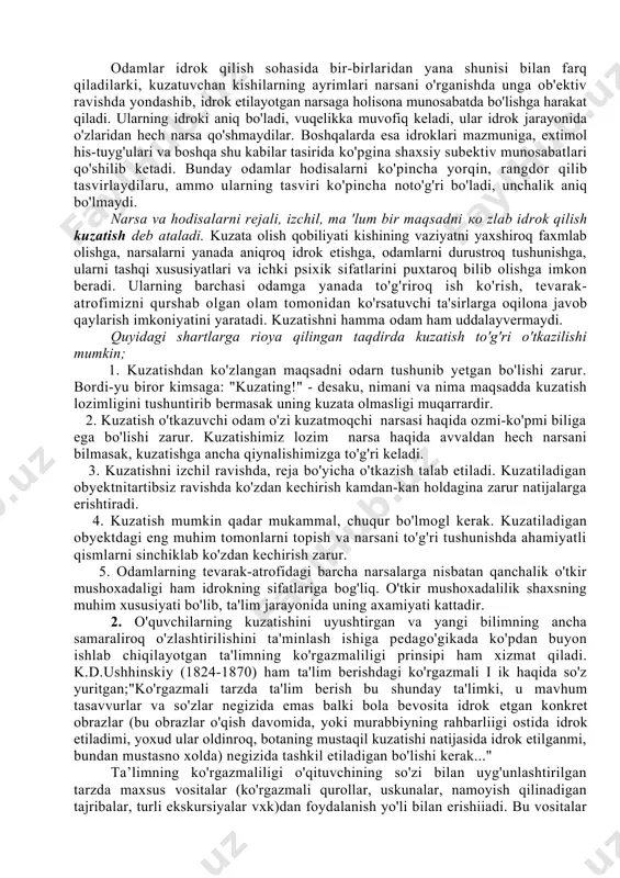 keyingina uning fazoviy xususiyatlarini to'g'ri aytib bera oladilar. odamning binokulyar ko'rishi narsalarning hajmini idrok qilishda katta ahamiyatga ega. binokulyar ko'rish( lotincha bini-ikkitadan, okulus-fko'z ya'ni ikki ko'z bilan ko'rish)da ko'z to'r pardasida biz ko'rayotgan narsaning ikki xil ta'sviri hosil bo'ladi: o'ng ko'zda narsaning ko'proq o'ng tomoni aks etsa, chap ko'zda chap tomoni aks etadi. bu tasvirlar ongimizda yaxlit bir holat tasviriga keltiriladi, shu tufayli ham biz narsaning xajmli ekanini bilamiz. ko'rishimizning binokulyarligi masofani idrok qilishimizda ham yordam beradi. narsalarning uzoq-yaqinligini idrok qilishda ikki ko'zdagi ko'rish o'qlarining yo'nalishi tufayli sodiy bo'luvchi sezgilar katta ahamiyatga ega, ikki ko'z o'qining bir narsaga tomon yo'naltirilishi konvergensiya (lot. konvergare-yaqinlashish, tutashish) deb ataladi. ko'zning bu harakatlari ixtiyorsiz ravishda yuz beradi, narsaning bizdan qanchalik olis yoki yaqinligi bildiradi. vaqtni idrok qilish bizga voqelikdagi hodisalarning davomiyligi, tezligi va ketma-ketligi xaqida tassavur beradi. tabiatdagi davriy harakatlar va bir me'yorda yuz beruvchi o'zgarishlar, yerning aylanishi, kunduz va kechaning almashinishi, yil fasllari, …