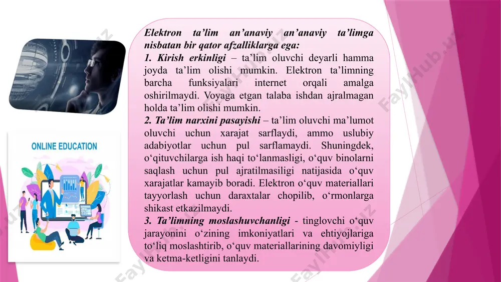 rkaziga startap, biznes-loyiha, biznes-reja kabi loyihalar qo‘yilmoqda. axborot iqtisodiyoti axborot-kommunikatsiya texnologiyalari va axborot ne’matlari iqtisodiyoti sifatida tavsiflanadi. axborot iqtisodiyoti konsepsiyasi paydo bo‘lgandan so‘ng, tobora ko‘plab tadqiqotchilar hech qanday axborot ham iqtisodiy o‘sish mexanizmi bo‘lishi mumkin emas, balki faqatgina yangi bilimlarni oshirish, texnologiyaga joriy qilishga imkon beradigan axborot shunday bo‘lishi mumkin deb hisoblashga moyil edilar. aytib o‘tilgan jarayonlar «bilimlarga asoslangan iqtisodiyot» yoki «bilimlar iqtisodiyoti» paydo bo‘lishiga olib keldi. axborot iqtisodiyoti, bilimlar iqtisodiyoti va raqamli iqtisodiyot o‘rtasidagi farq faqat taqdim etilayotgan ne’matlarni talqin qilishda, xolos. agar dastlabki ikki ta’rif taqdim etilayotgan ne’matlarning moddiy emas, «ma’naviy» strukturasi bilan bog‘liq bo‘lsa, raqamli shaklda taqdim etilgan ne’matlar moddiy tabiatga egadir. 3. masofaviy ta’limni rivojlantirish yo‘llari zamonaviy axborot va kommunikatsiya texnologiyalari vositalarini ta’lim jarayoniga kirib kelishi an’anaviy o‘qitish usullariga qo‘shimcha ravishda yangi o‘qitish shakli masofaviy o‘qitish yaratilishiga omil bo‘ldi. masofaviy ta’limda talaba va o‘qituvchi fazoviy bir-biridan ajralgan holda o‘zaro maxsus yaratilgan o‘quv kurslari, nazorat shakllari, elektron …