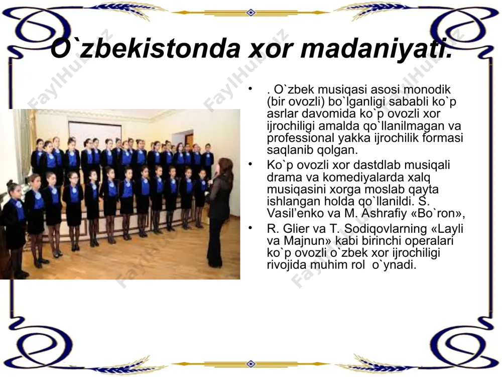 lla janri vujudga keldi. o`zbekistonda xor san`atining o`sishi 1960 yilda tashkil qilingan. o`zbekiston radio va televideniesi davlat komiteti milliy xorining hissasi katta. bu kapellaning rahbari- b. umidjonov bo`lgan. o`zbek bastakorlari hamma janrlarda o`zlarini hissalarini qo`shganlar- kantata, oratoriya, oda, ballada, a kapella. masalan: s. yudakovning «g`alaba», «meninig vatanim», «muborak», «to`yona» kantatalari, «mirzacho`l» syuitasi, m. ashrafiyning «o`zbekiton», «baxt» kantatalari, i. xamroevning «o`zbek xotin-qizlariga» kantatasi, vil’dnov, veralas, burxonov, d. zokirov, m. nasimov, b. umidjonovlarning «asrim sadosi» kantatasi. kamer xorlari kamer- nemischa uy, xona degani. kamer xorda 30 tacha musiqa ma`lumotiga ega talaba va ishchi yoshlar ishtrok etadi. kamer xor guruxi keng tarqalgan, sabab katta gurux akademik xorni tuzish uchun kerakli ovozlar, ko`p xonandalar, maxsus joy kerakligi kabi muammolarning yo`qligidir. ba`zi kamer xorlar professional jamoalarga aylangan. kamer xorining ikki shakli mavjud: professional havaskorlar bu xorlarda ovozlarning joylanishi ham boshqacha bo`ladi. xalq xorlari xalq bayramlarida, mehnat ishlari jarayonida xor bo`lib qo`shiq aytilgan. bu shaharlarda, ishchilar …