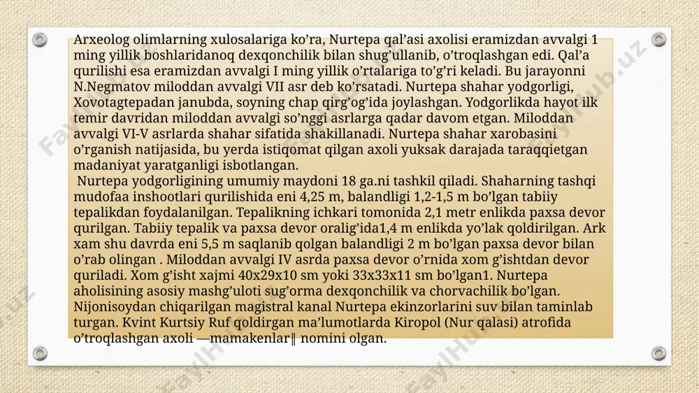 d madaniyatlari taʼsirida boʼlgan boʼlsa, ikkinchi tomondan yuqoridagi madaniyatlar ham nurtepa madaniyatining ayrim koʼrinishlarini oʼzlarida aks ettiradi. ushbu madaniyatga mansub aholi uy-joylarni toʼgʼri toʼrtburchak va kvadrat formadagi xom gʼisht va paxsadan qurishgan. shu bilan birga yarim yertoʼlasimon uylar xam boʼlgan . uy hayvonlari suyaklari, tosh ѐrgʼuchoq, keli va uning soplarning uchrashi ularda chorvachilik va dehqonchilikning rivojlanganligidan dalolat beradi. sopol buyumlar charxda ѐki qoʼlda yasalgan. qurol-yaroqlar ichida bronzadan yasalgan oʼq-yoylar keng tarqalgan. sunʼiy sugʼorishga asoslangan dehqonchilikning rivoji, temirchilikning yuksalishi, kulolchilikda charxning keng qoʼllanilishi va viloyat aholisining qoʼshni oʼlkalar bilan savdo-sotiq munosabatlarining taraqqiy etishi viloyat hududidagi qadimgi ѐdgorliklarning iqtisodiy yuksalishga olib keladi. «qadimiy ustrushona» hududi arxeologik yodgorliklari, geografik joylashuvi o‘rniga qarab, shimoliy-sharqiy va janubiy-g‘arbiy iqtisodiy zonalarga ajratiladi. bu yodgorliklarning asosiy qismi, yirik suv manbalari atrofida to‘plangan bir necha guruhlardan iborat. qadimgi ustrushonada ilk temir davriga oid ettita harbiy qal’a istehkomi qayd etilgan. bu aholi makonlari ahamoniylar istibdodi davrida ushbu saltanatni shimoliy sarhadlarini …