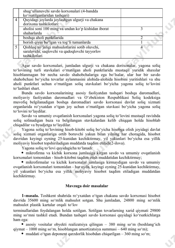 izlar tariqasida olingan daromadlar; · dividendlar tariqasida olingan va qaysi yuridik shaxsdan olingan bo‘lsa, o‘sha yuridik shaxsning ustav fondiga (ustav kapitaliga) yo‘naltirilgan daromadlar. muassislar (ishtirokchilar) tarkibidan chiqilayotganda (chiqib ketganda) yoxud tugatilayotgan yuridik shaxsning mol-mulki imtiyoz qo‘llanilganidan so‘ng bir yil ichida uning ishtirokchilari o‘rtasida taqsimlanganda ilgari soliq solinadigan bazadan chegirilgan daromadlarga to‘lov manbayida umumiy asoslarda soliq solinadi; · hisobot yilida aniqlangan o‘tgan yillardagi daromadlar. mazkur daromadlarga ular qaysi davrda paydo bo‘lgan bo‘lsa, o‘sha davrdagi qonun hujjatlariga muvofiq soliqlar va boshqa majburiy to‘lovlar bo‘yicha o‘tkazilgan hisob-kitoblar inobatga olingan holda soliq solinishi kerak. · mahsulot yetkazib beruvchilarning siylovi (skidka) tariqasida va asosiy vositalarni tugatishda ularning ilgari qayta baholashlardagi qiymatining kamayishi summasidan ortgan qismi hisobiga olingan boshqa daromadlar; · ko‘p oborotli qaytariladigan taraning qiymati, agar uning qiymati tovarlarni (ishlar va xizmatlarni) realizatsiya qilishdan olingan tushumning tarkibiga ilgari kiritilgan bo‘lsa; savdo va umumiy ovqatlanish korxonalari uchun yagona soliq to‘lovi stavkalari o‘zbekiston respublikasi prezidentining qarori bilan …