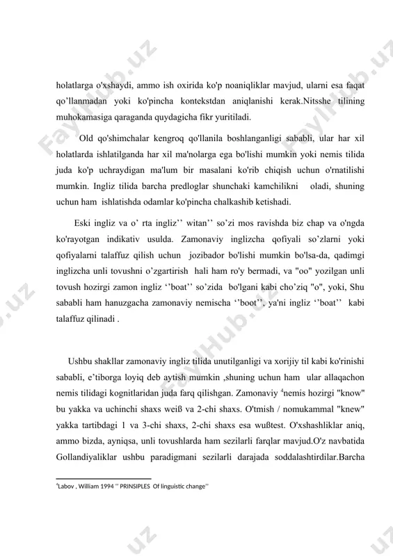 da keltirilgan eng muhim o'zgarishlarni tanlash asosida adabiyotlarida keltirilgan manbalar. unda rivojlanishning asosiy tendentsiyalari ko'rsatilgan. ingliz tovush tizimiga tegishli bo'lsa-da, lekin bu barcha o'zgarishlarning to'liq ro'yxati emas, shakllangan zamonaviy ingliz fonologiyasi. proto-hind-evropadan tovush o'zgarishi qadimgi ingliz tiliga: proto-hind-evropa undoshlar tizimi: 1. labangan undosh p b 2. tish undoshi t d 3. tanglay undoshi k g 4. til orqa kw gw yuqorida sanab o'tilgan to'xtashlardan tashqari, proto hind yevropian quyidagi undosh tovushlarni o'z ichiga olgan: ovozsiz spirant s suyuqliklar 1, r burun m, n yarimburchaklar j, w proto hind yevropaning keyingi rivojlanishiga ko'ra, “sent va satem” so’zlari mavjud. taniqli “centum va satem” so'zlari qayta tiklangan proto hind yevropaga mos keladi hundred raqami: ḱm̥tóm. centum tillarida palatal plozivlar velar plosivlari bilan birlashadi ḱ- k. satem tillarida velar [footnoteref:5]plosivalari labio-velar plosivlari bilan birlashtirilgan; va palatal plosivalar sibilantlarga aylandi . [5: ringe, donald a. from proto indo europian to proto germanic.] pronoslavikadan eski ingliz …